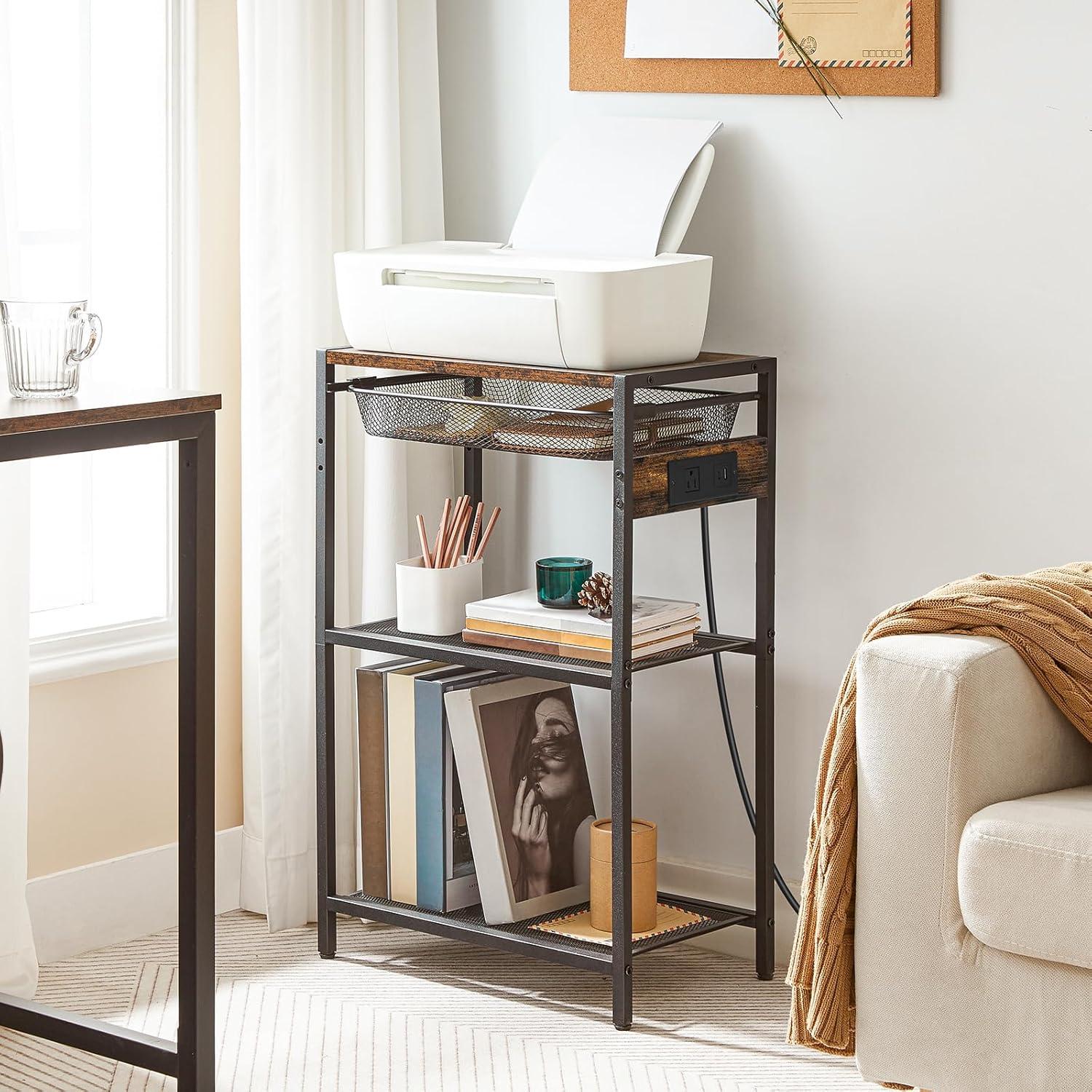 imageHOOBRO Tall End Table with Charging Station Industrial Telephone Table with Adjustable Metal Storage Basket Tall Nightstand for Living Room Bedroom Office Rustic Brown BF06UDH01