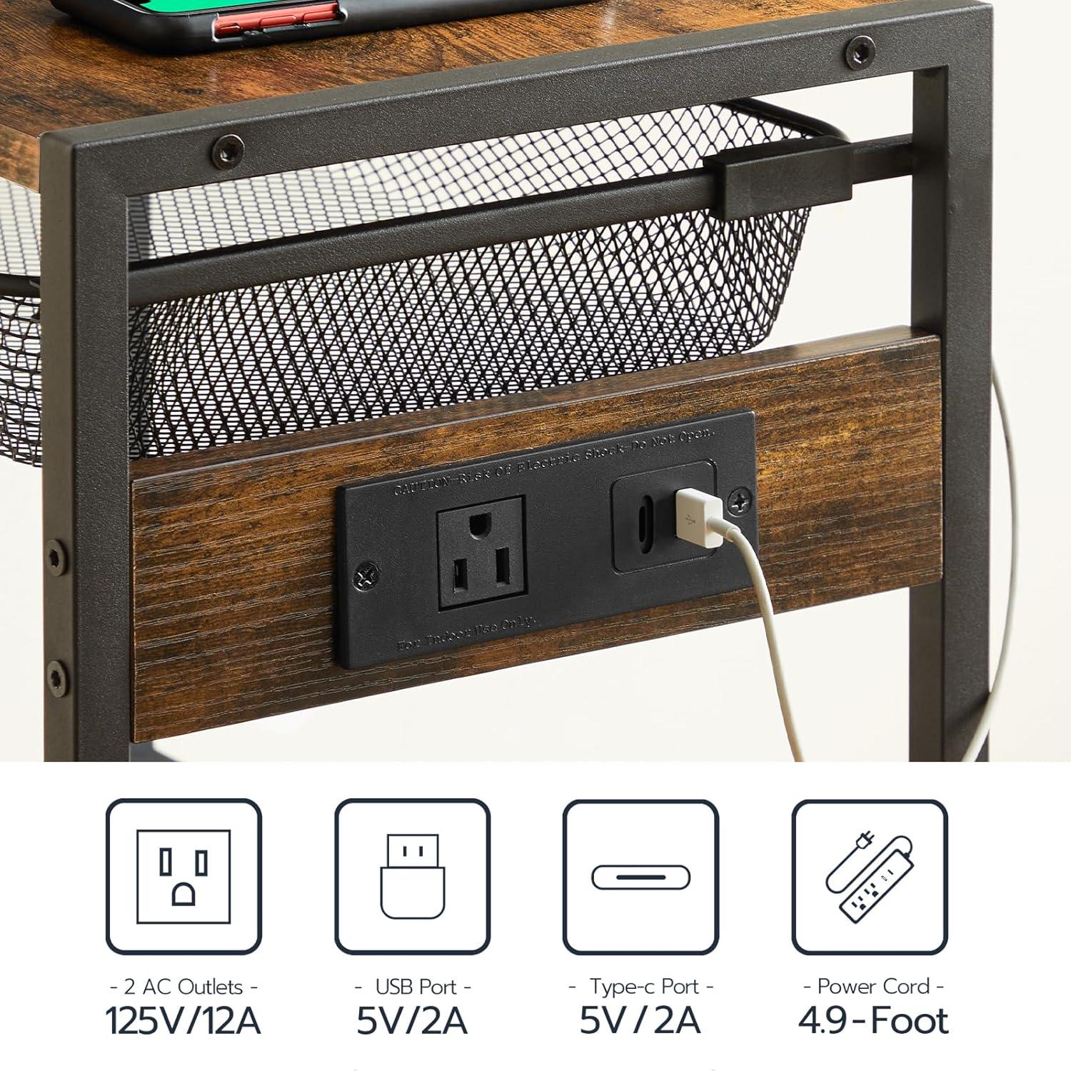 imageHOOBRO Tall End Table with Charging Station Industrial Telephone Table with Adjustable Metal Storage Basket Tall Nightstand for Living Room Bedroom Office Rustic Brown BF06UDH01
