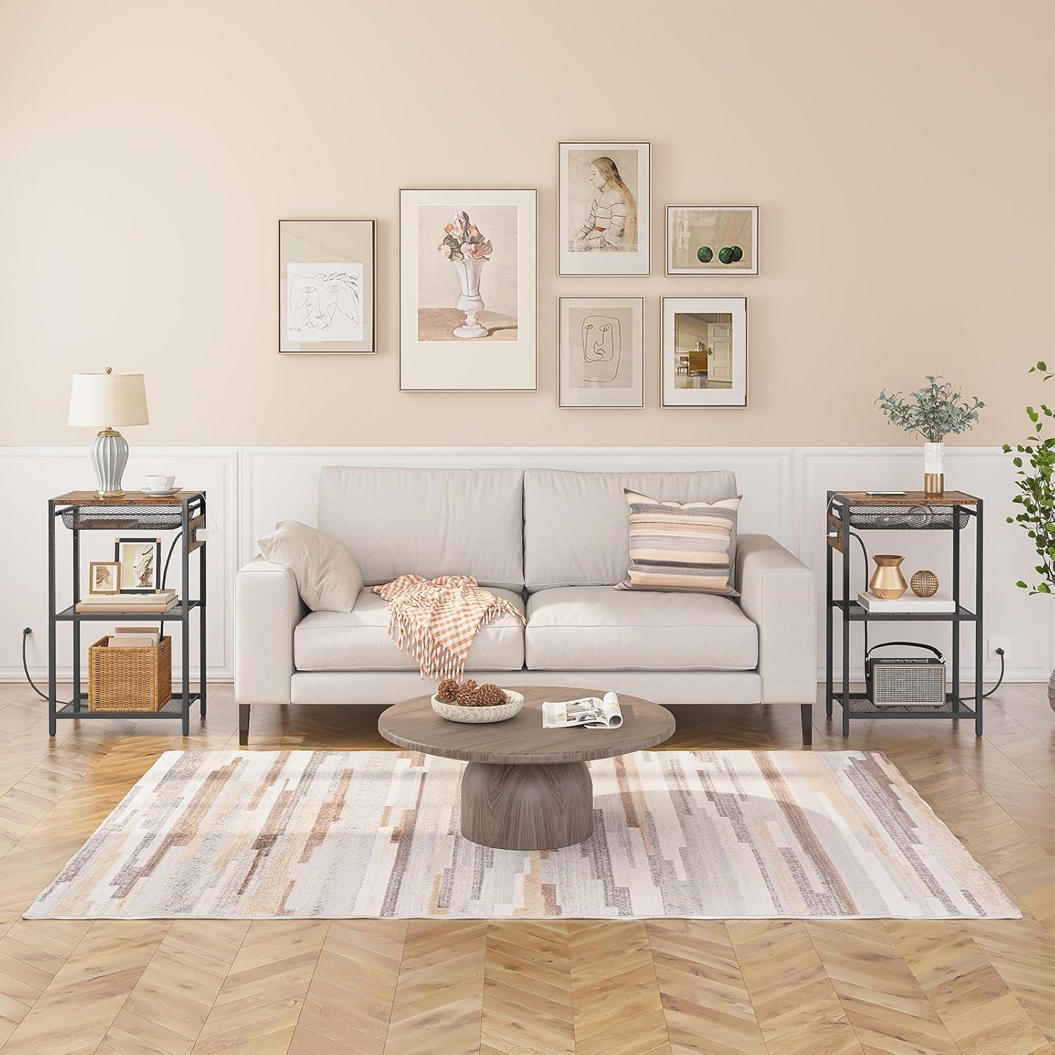imageHOOBRO Tall End Table with Charging Station Industrial Telephone Table with Adjustable Metal Storage Basket Tall Nightstand for Living Room Bedroom Office Rustic Brown BF06UDH01