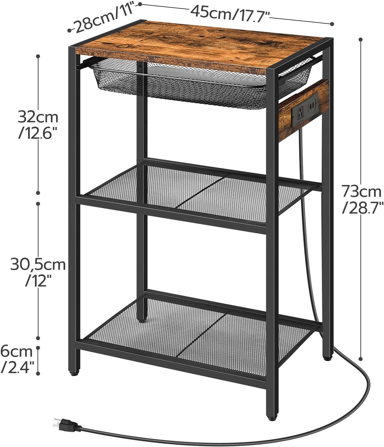 imageHOOBRO Tall End Table with Charging Station Industrial Telephone Table with Adjustable Metal Storage Basket Tall Nightstand for Living Room Bedroom Office Rustic Brown BF06UDH01