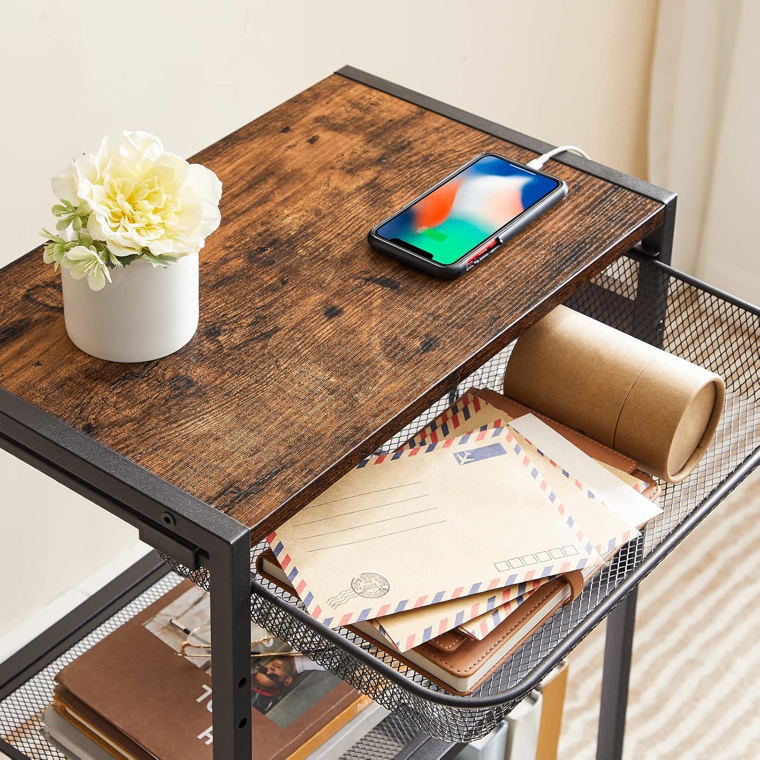 imageHOOBRO Tall End Table with Charging Station Industrial Telephone Table with Adjustable Metal Storage Basket Tall Nightstand for Living Room Bedroom Office Rustic Brown BF06UDH01