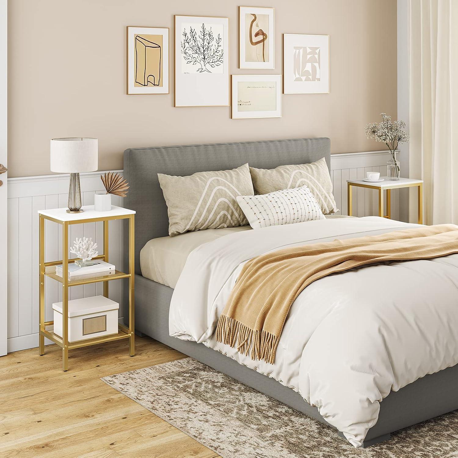 imageHOOBRO Tall Side Table 3Tier Telephone End Table with Adjustable Mesh Shelves Small Entryway Table with Storage Small Nightstand for Living Room Bedroom Hallway Office Greige BG01DH01G1White Gold