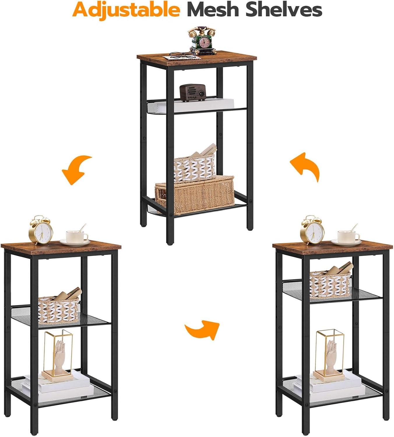 imageHOOBRO Tall Side Table 3Tier Telephone End Table with Adjustable Mesh Shelves Small Entryway Table with Storage Small Nightstand for Living Room Bedroom Hallway Office Greige BG01DH01G1Rustic Brown Black