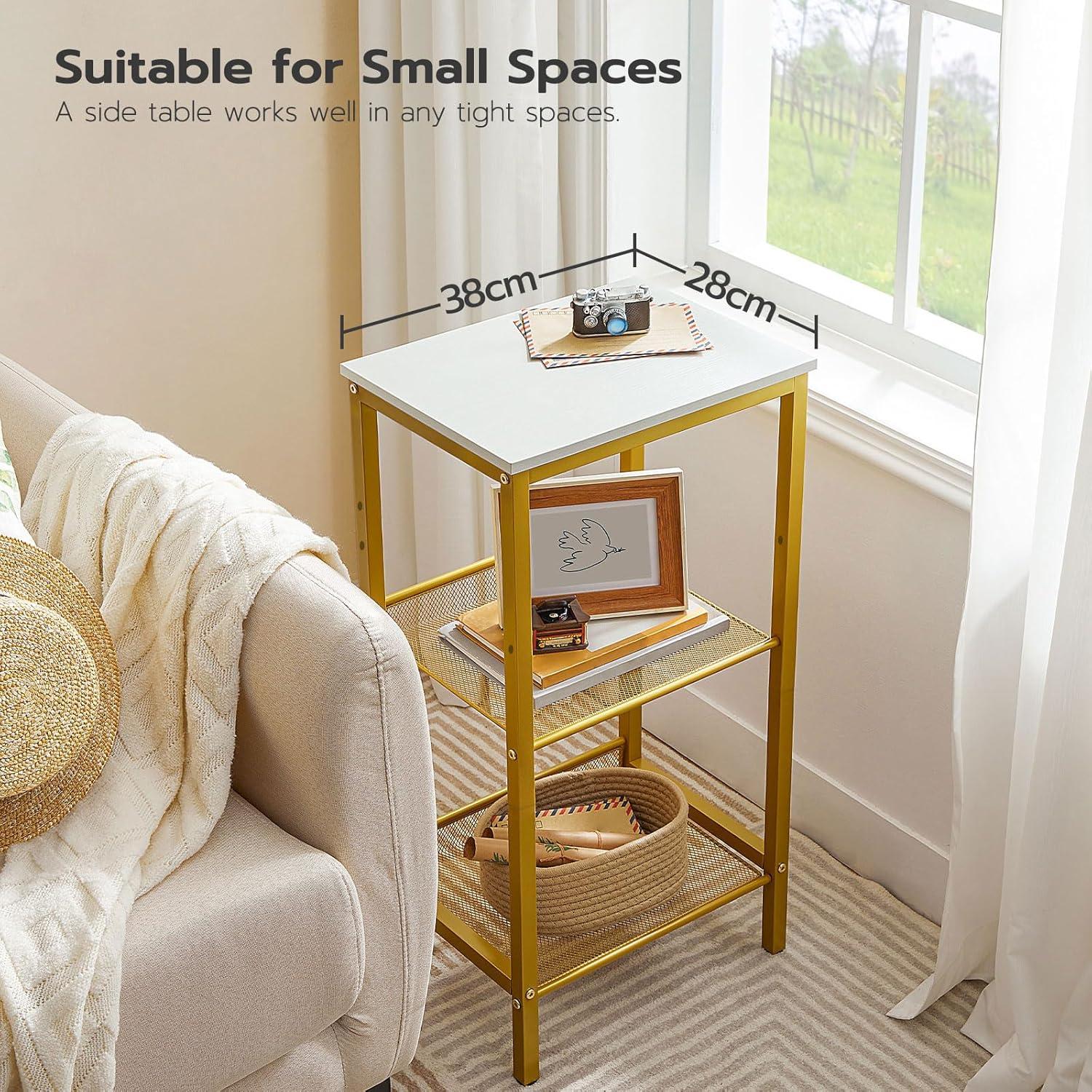 imageHOOBRO Tall Side Table 3Tier Telephone End Table with Adjustable Mesh Shelves Small Entryway Table with Storage Small Nightstand for Living Room Bedroom Hallway Office Greige BG01DH01G1White Gold