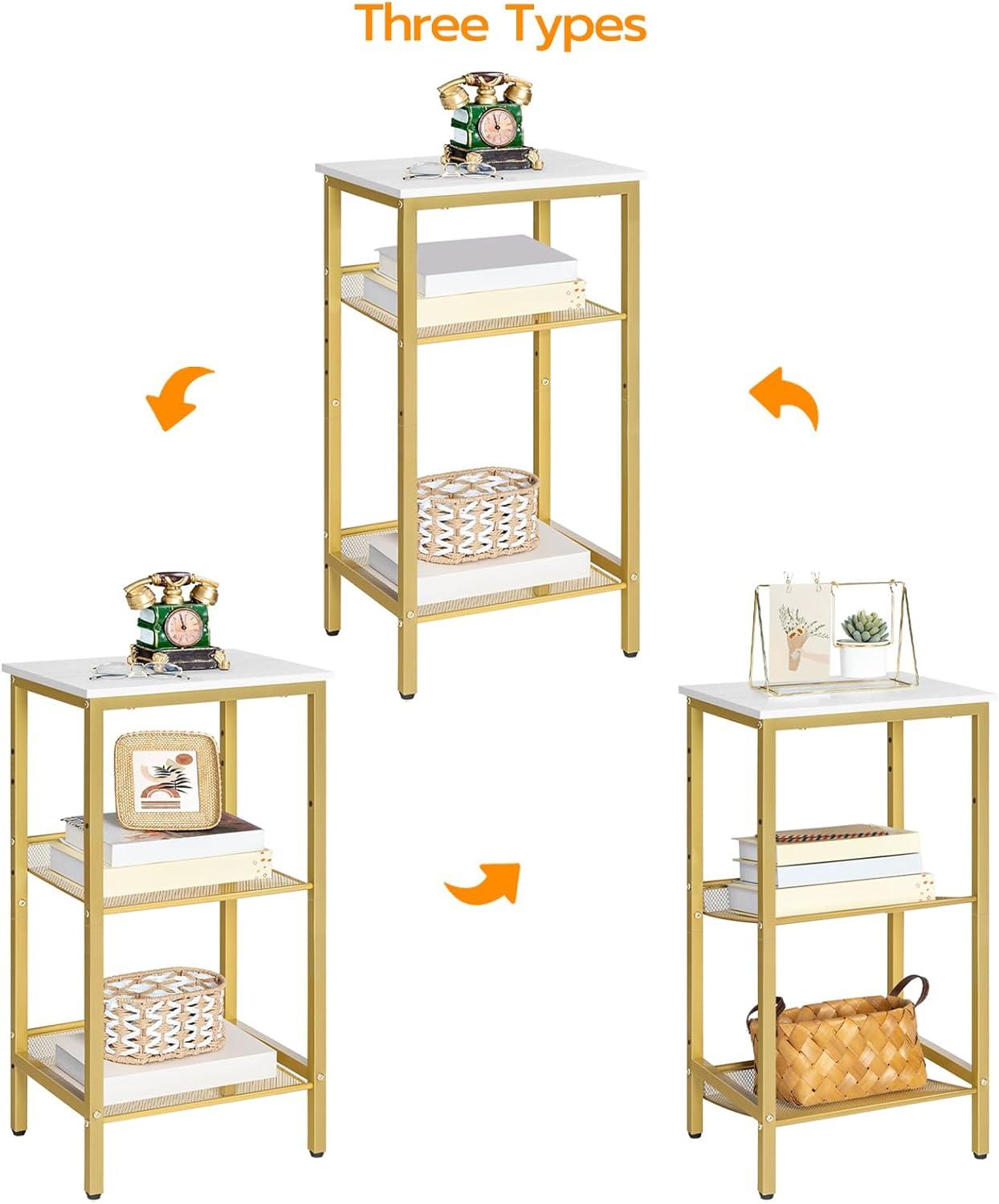 imageHOOBRO Tall Side Table 3Tier Telephone End Table with Adjustable Mesh Shelves Small Entryway Table with Storage Small Nightstand for Living Room Bedroom Hallway Office Greige BG01DH01G1White Gold