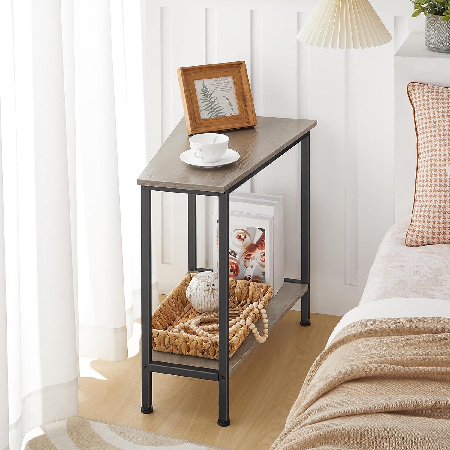 imageHOOBRO Wedge End Table Recliner Wedge Side Table with Storage Industrial Triangle Accent Table for Small Space Corner Living Room Apartment Rustic Brown BF64BZ01G1Greige Black