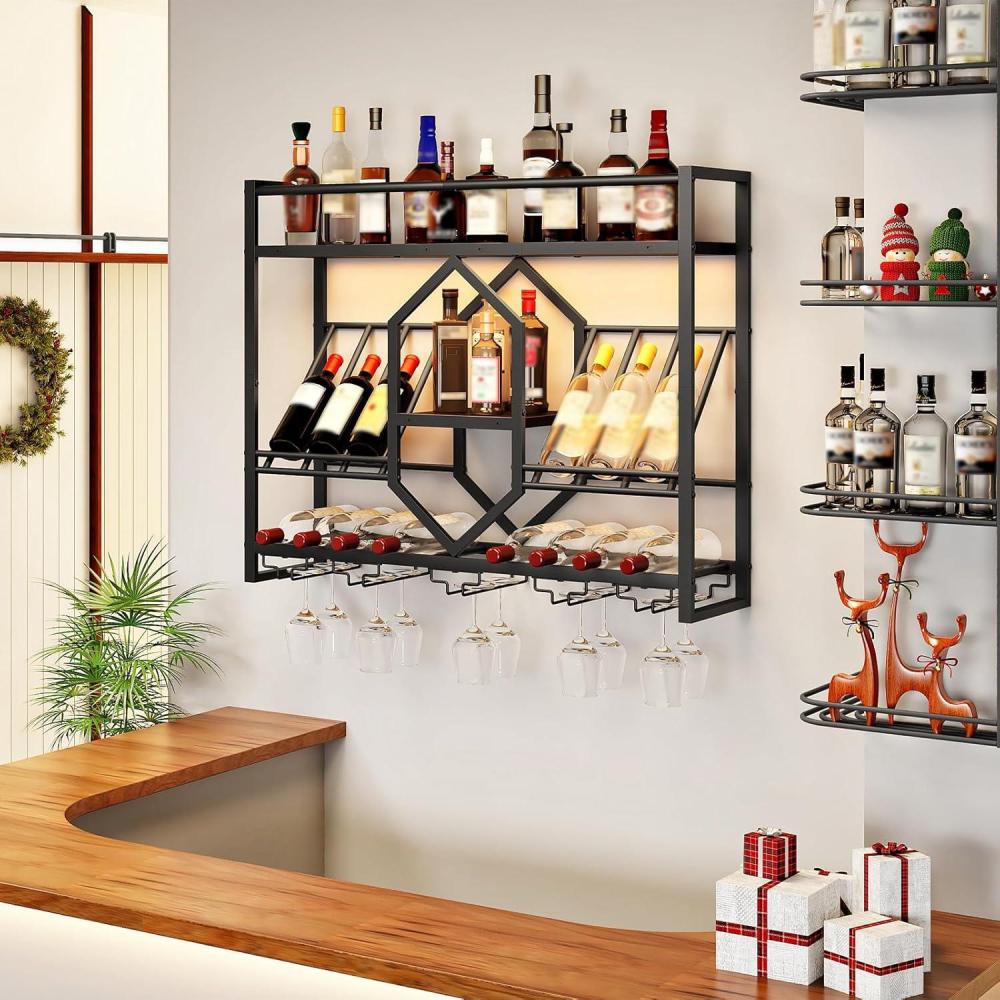 imageHOOBRO Wall Mounted Wine Rack with LED Light 315 Wine Shelf 3 Tier Wine Bottle Display Shelf with Glass Holder Hanging Bar Liquor Storage Rack for Kitchen Bar Rustic Brown and Black BF73DBJ01Black