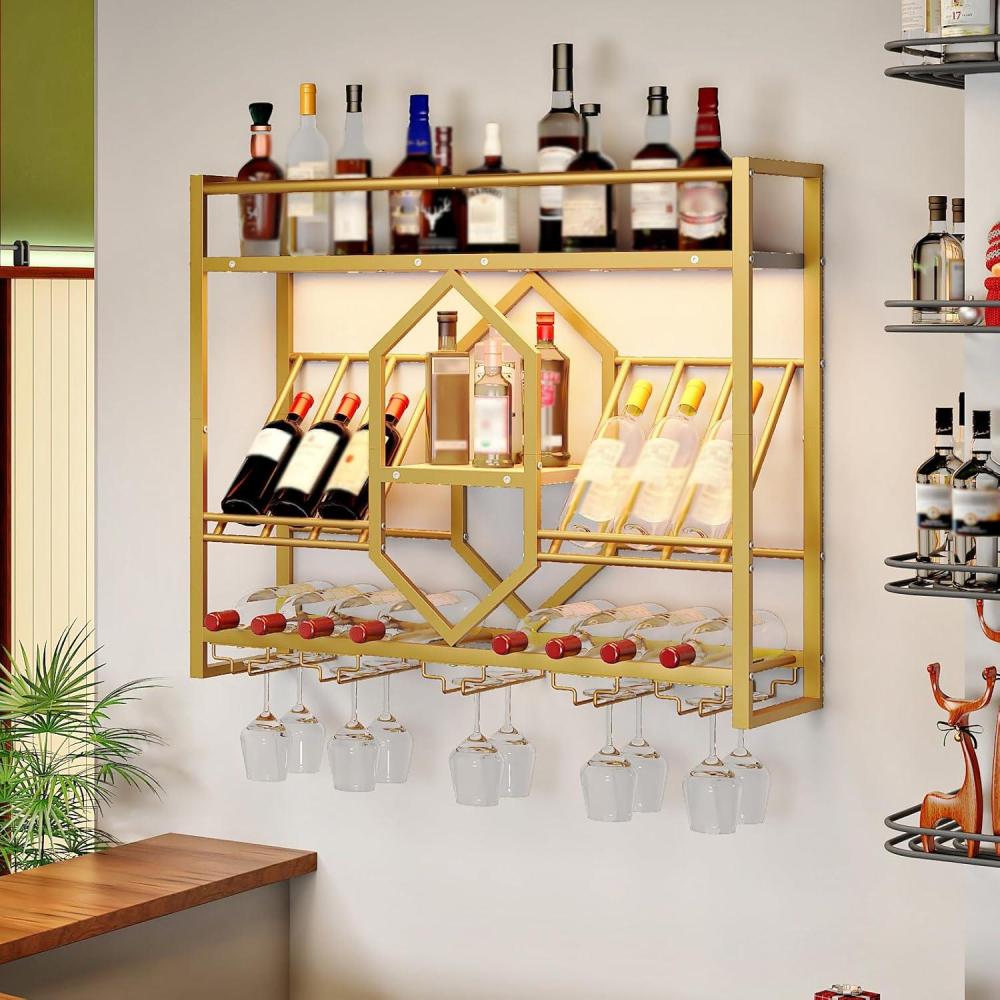 imageHOOBRO Wall Mounted Wine Rack with LED Light 315 Wine Shelf 3 Tier Wine Bottle Display Shelf with Glass Holder Hanging Bar Liquor Storage Rack for Kitchen Bar Rustic Brown and Black BF73DBJ01Gold  White