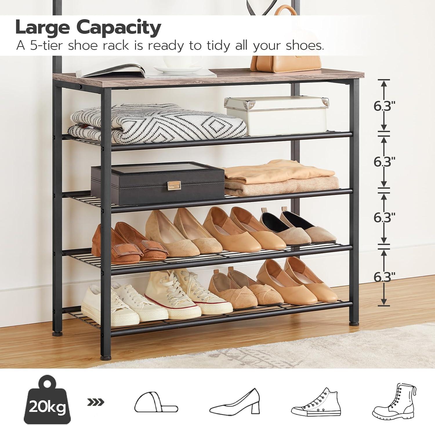 imageHOOBRO Hall Tree Coat Rack with Shoe Rack 394 Hall Tree with Bench 5 Tier Shoe Storage Organizer with 9 Hooks for Entryway Closet Sturdy Industrial Greige and Black BG801MT01Greige Black