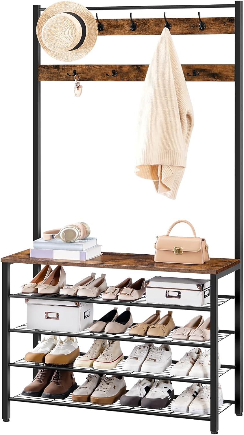 imageHOOBRO Hall Tree Coat Rack with Shoe Rack 394 Hall Tree with Bench 5 Tier Shoe Storage Organizer with 9 Hooks for Entryway Closet Sturdy Industrial Greige and Black BG801MT01Rustic Brown Black