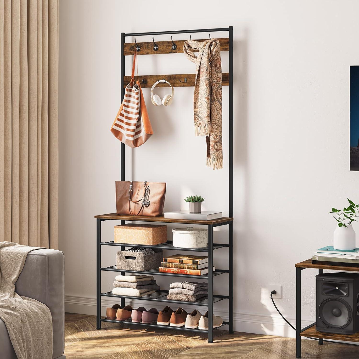 imageHOOBRO Hall Tree Coat Rack with Shoe Rack 394 Hall Tree with Bench 5 Tier Shoe Storage Organizer with 9 Hooks for Entryway Closet Sturdy Industrial Greige and Black BG801MT01Rustic Brown Black