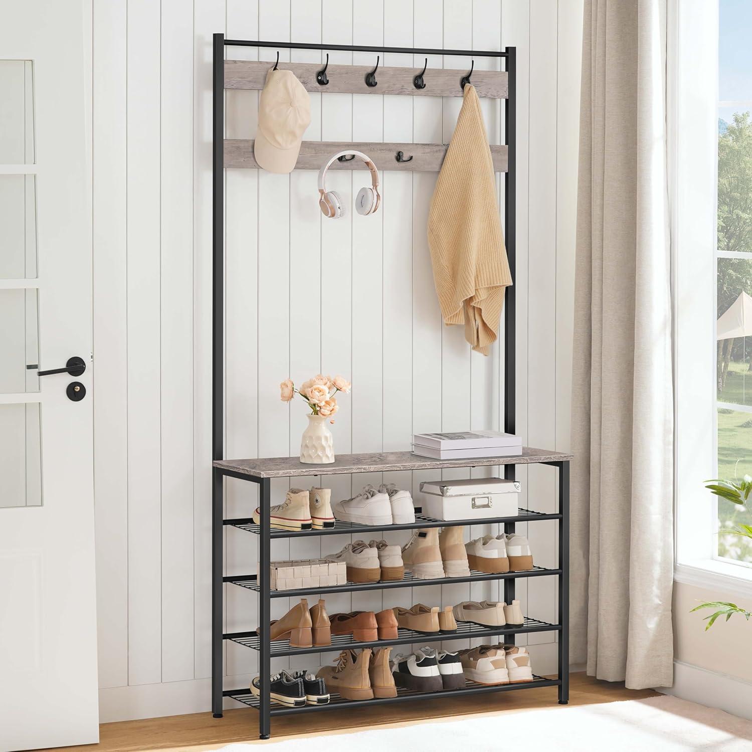 imageHOOBRO Hall Tree Coat Rack with Shoe Rack 394 Hall Tree with Bench 5 Tier Shoe Storage Organizer with 9 Hooks for Entryway Closet Sturdy Industrial Greige and Black BG801MT01Greige Black