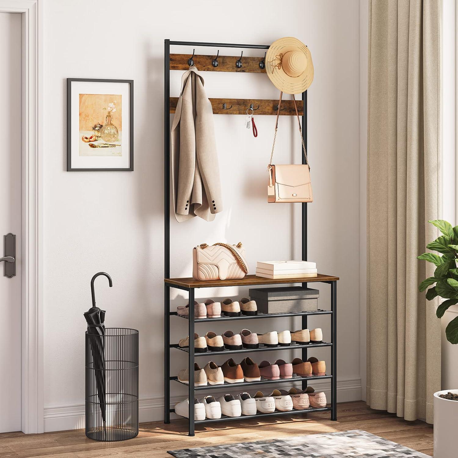 imageHOOBRO Hall Tree Coat Rack with Shoe Rack 394 Hall Tree with Bench 5 Tier Shoe Storage Organizer with 9 Hooks for Entryway Closet Sturdy Industrial Greige and Black BG801MT01Rustic Brown Black