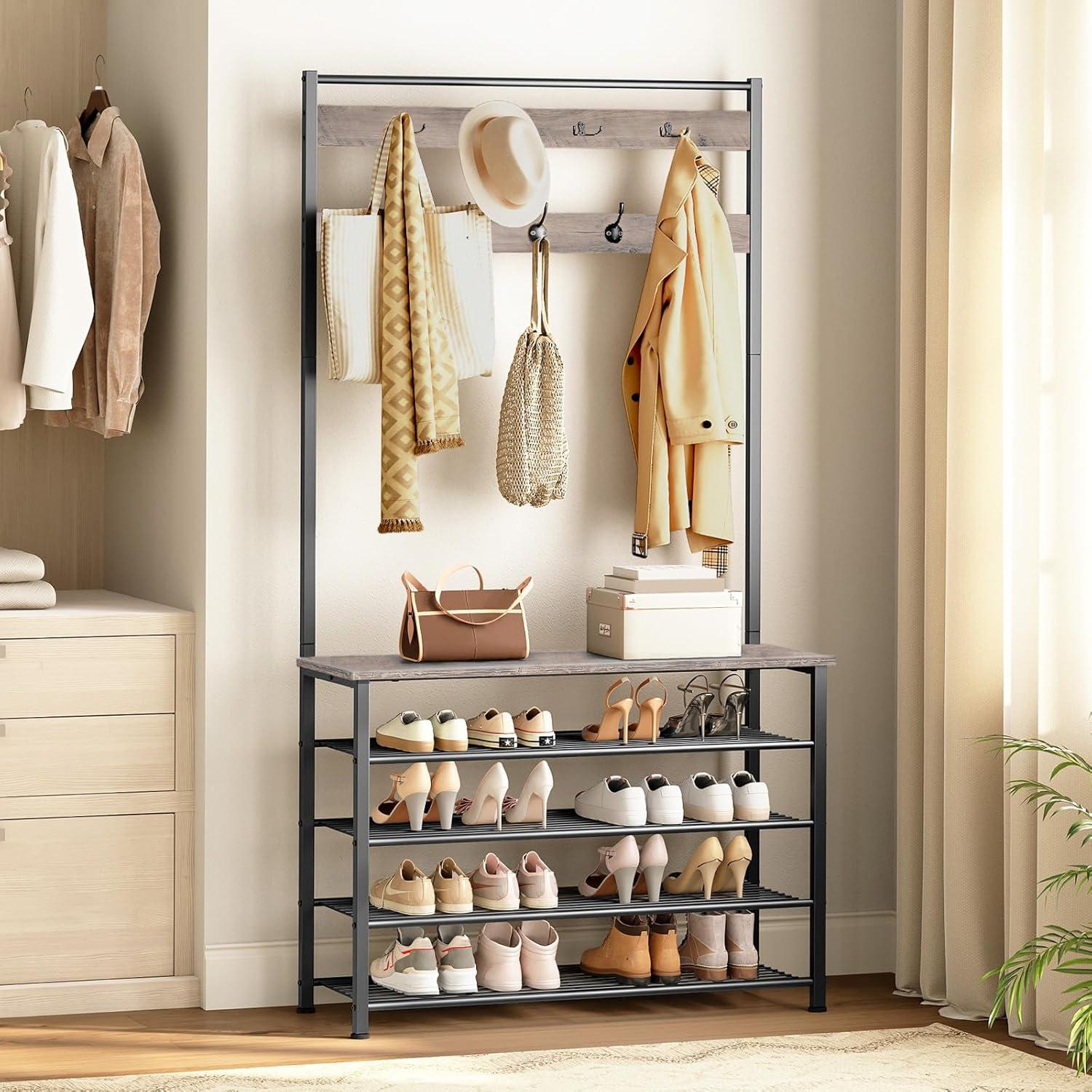 imageHOOBRO Hall Tree Coat Rack with Shoe Rack 394 Hall Tree with Bench 5 Tier Shoe Storage Organizer with 9 Hooks for Entryway Closet Sturdy Industrial Greige and Black BG801MT01Greige Black