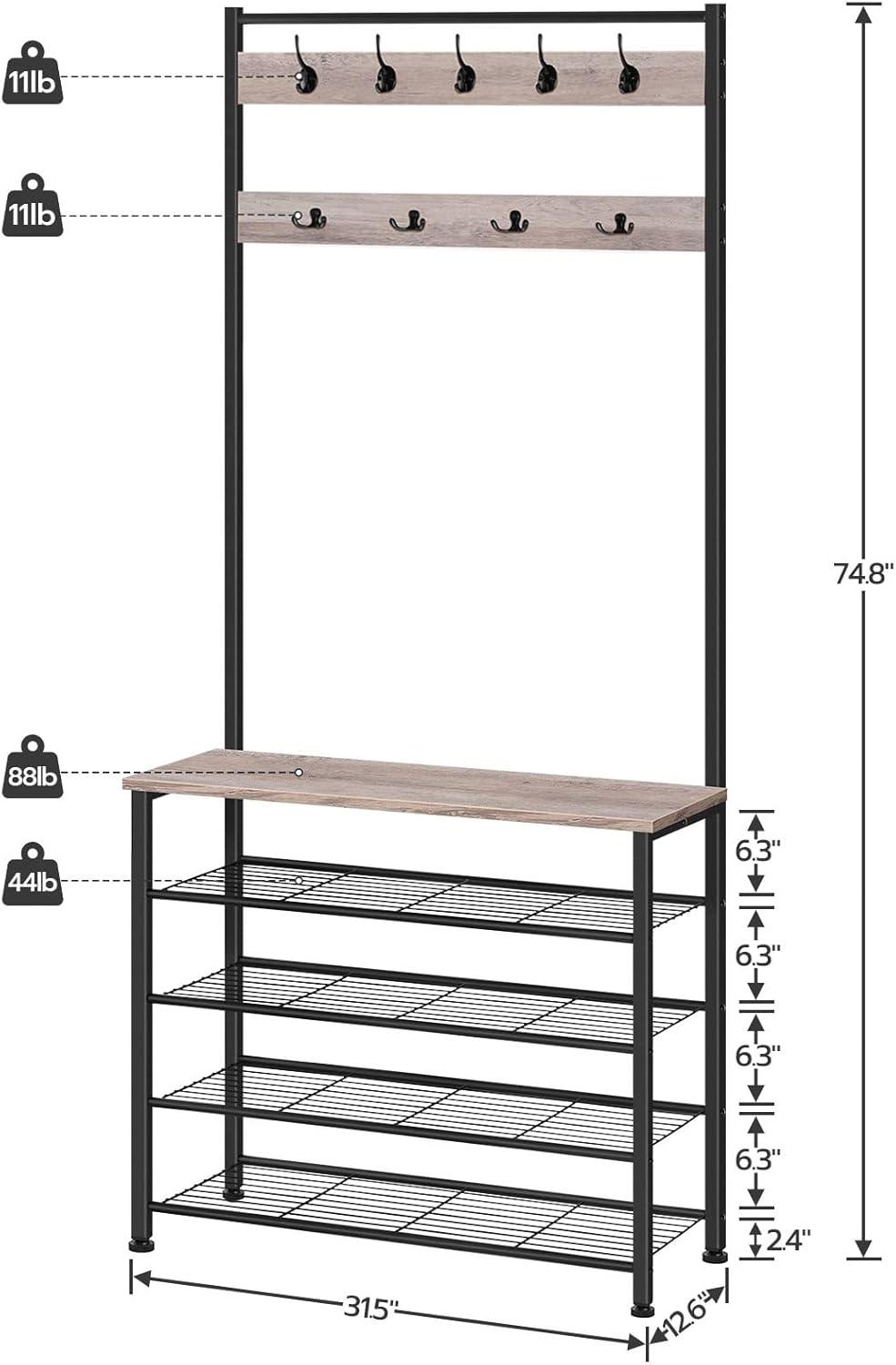 imageHOOBRO Hall Tree Coat Rack with Shoe Rack 394 Hall Tree with Bench 5 Tier Shoe Storage Organizer with 9 Hooks for Entryway Closet Sturdy Industrial Greige and Black BG801MT01Greige Black