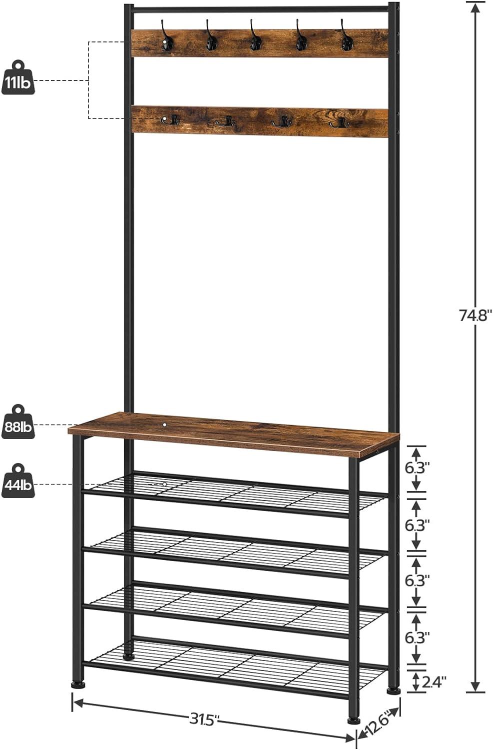 imageHOOBRO Hall Tree Coat Rack with Shoe Rack 394 Hall Tree with Bench 5 Tier Shoe Storage Organizer with 9 Hooks for Entryway Closet Sturdy Industrial Greige and Black BG801MT01Rustic Brown Black