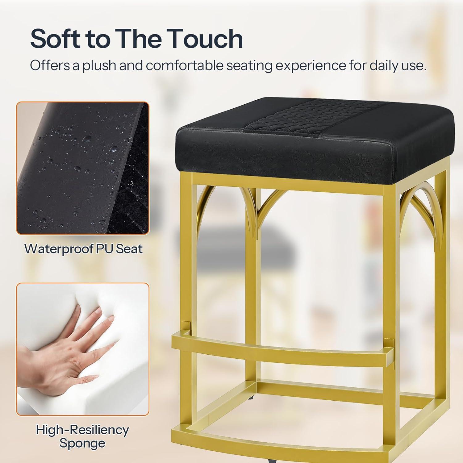 imageHOOBRO Bar Stools Set of 2 Bar Chair 244 Counter Height Bar Stools with Curved Footrest PU Upholstered with Metal Frame Barstools for Kitchen Living Room Bar Gold and Black BD80BYP201