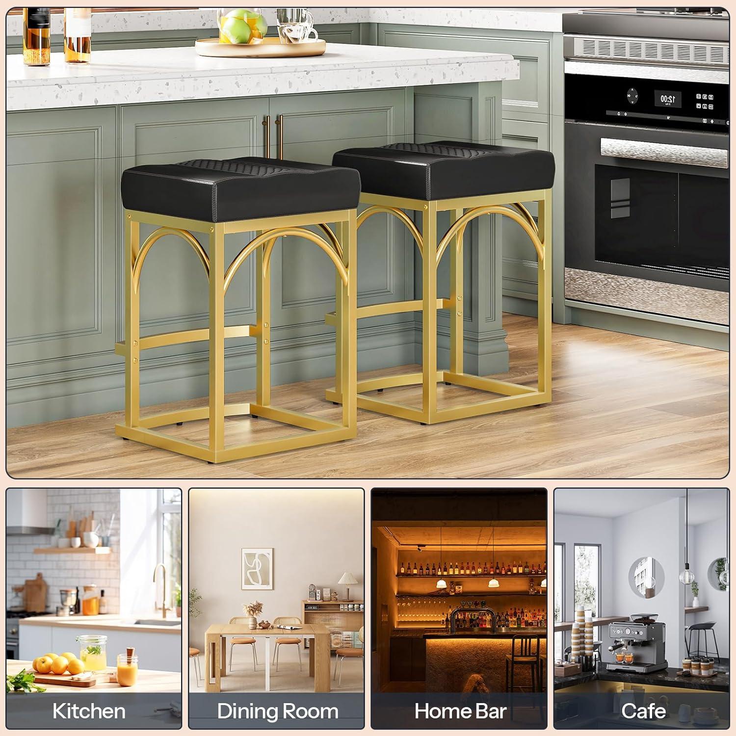 imageHOOBRO Bar Stools Set of 2 Bar Chair 244 Counter Height Bar Stools with Curved Footrest PU Upholstered with Metal Frame Barstools for Kitchen Living Room Bar Gold and Black BD80BYP201