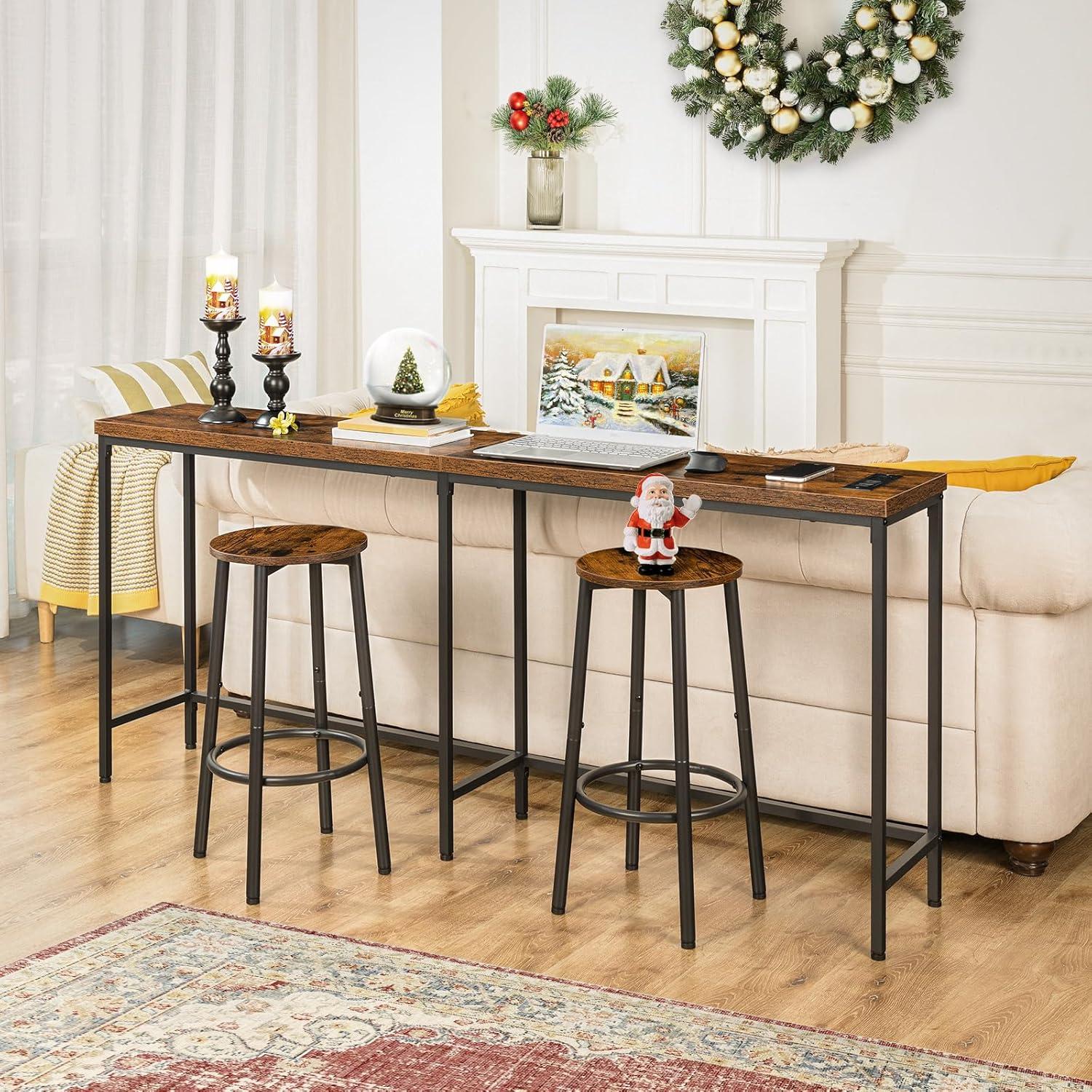 imageHOOBRO Bar Stools Set of 2 Bar Chairs Kitchen Round Height Stools with Footrest Breakfast Bar Stools Sturdy Steel Frame for Dining Room Kitchen Party Easy Assembly Rustic Brown BF03BY01Rustic Brown