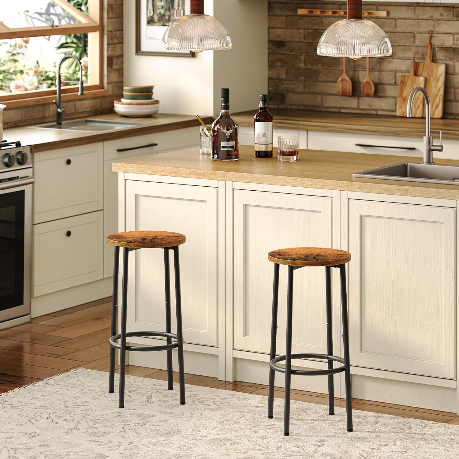 imageHOOBRO Bar Stools Set of 2 Bar Chairs Kitchen Round Height Stools with Footrest Breakfast Bar Stools Sturdy Steel Frame for Dining Room Kitchen Party Easy Assembly Rustic Brown BF03BY01Rustic Brown