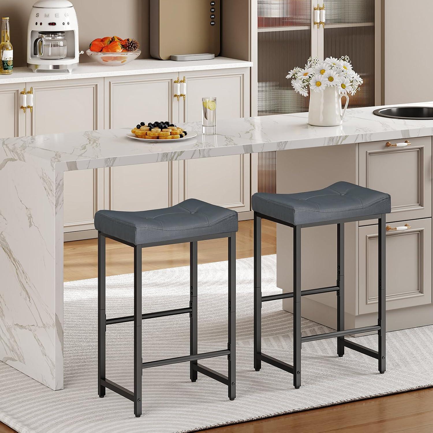 imageHOOBRO Bar Stools254 Saddle Stools with PU Upholstery Counter Height Stools with Footrest Kitchen Breakfast Chairs for Dining Room Cafe Bar Black BB23BY01Gray Black