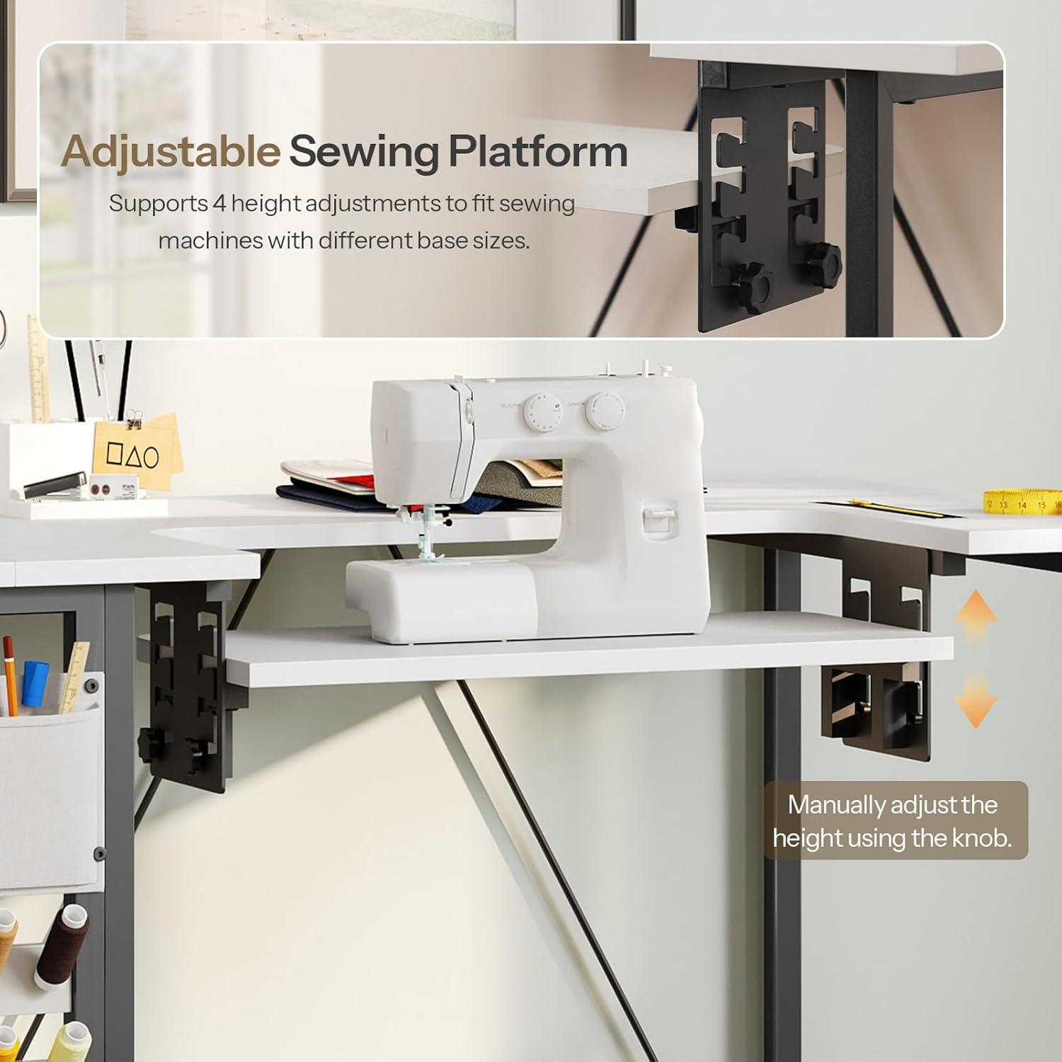imageHOOBRO Folding Sewing Table Height Adjustable Sewing Craft Table Sewing Machine Table with Lockable Wheels Shelves Pegs Storage Bags for Home Office Apartment White and Black WB90TC01