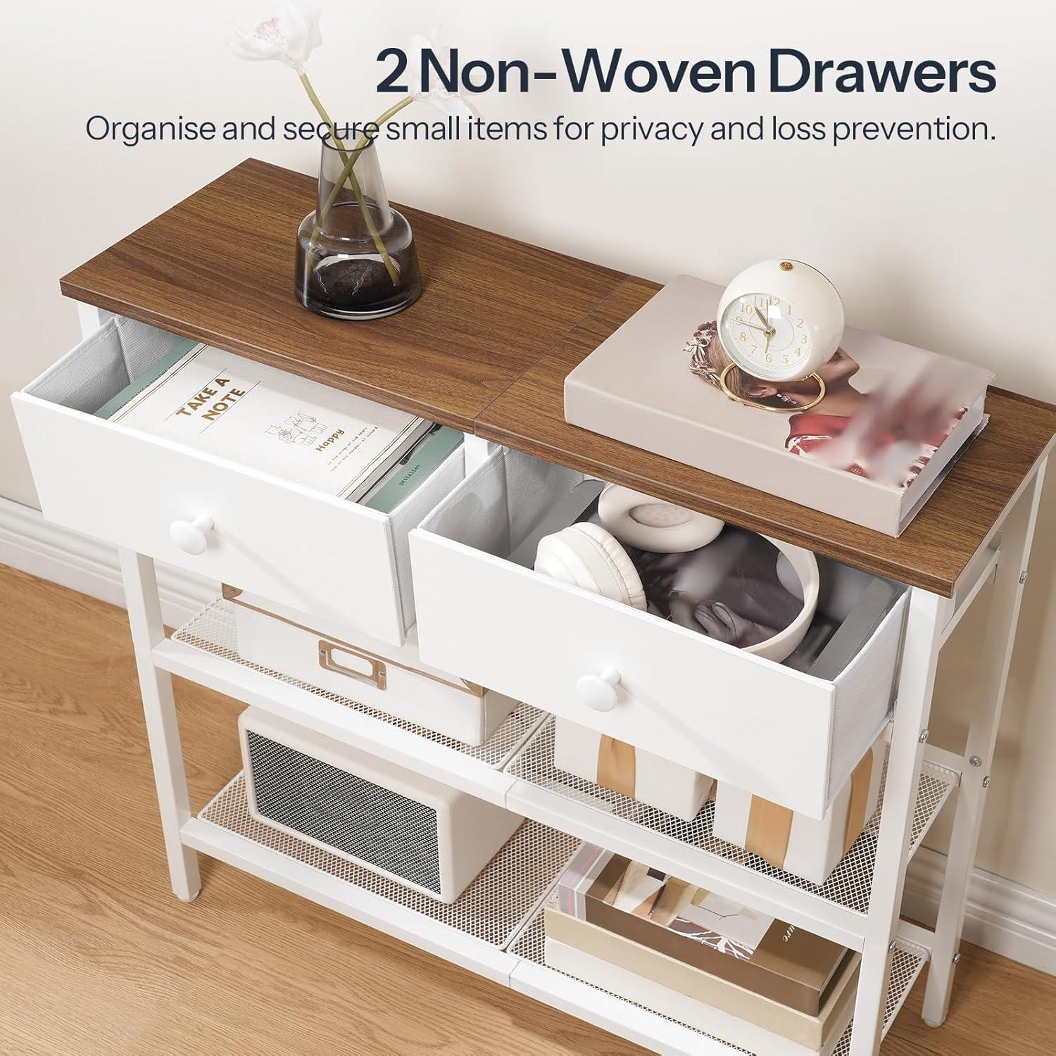 imageHOOBRO 295 Narrow Console Table with 2 Fabric Drawers Sofa Table Small Entryway Table with 3Tier Storage Shelves Behind Couch Table for Living Room Hallway Rustic Brown and Black BF72XG01Walnut White