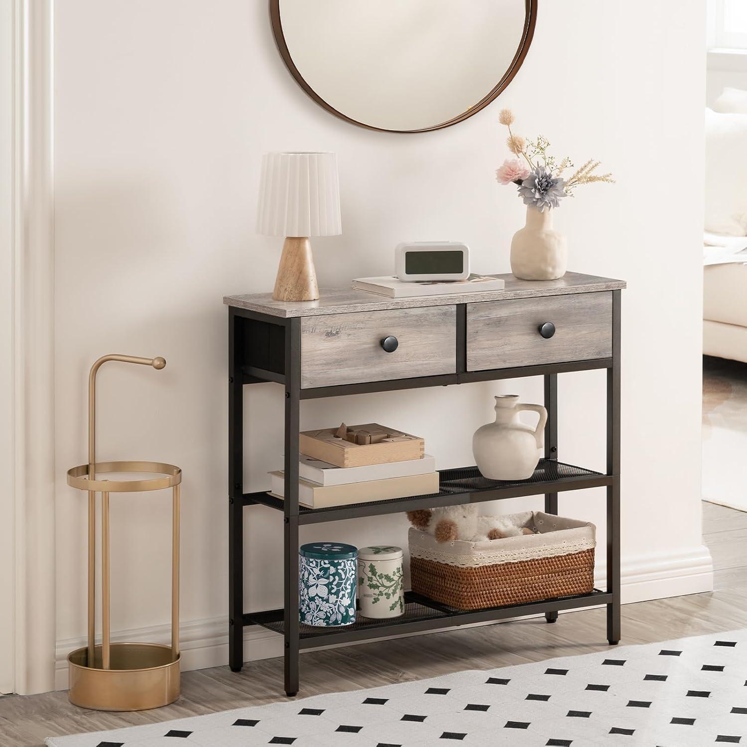 imageHOOBRO 295 Narrow Console Table with 2 Fabric Drawers Sofa Table Small Entryway Table with 3Tier Storage Shelves Behind Couch Table for Living Room Hallway Rustic Brown and Black BF72XG01Greige Black