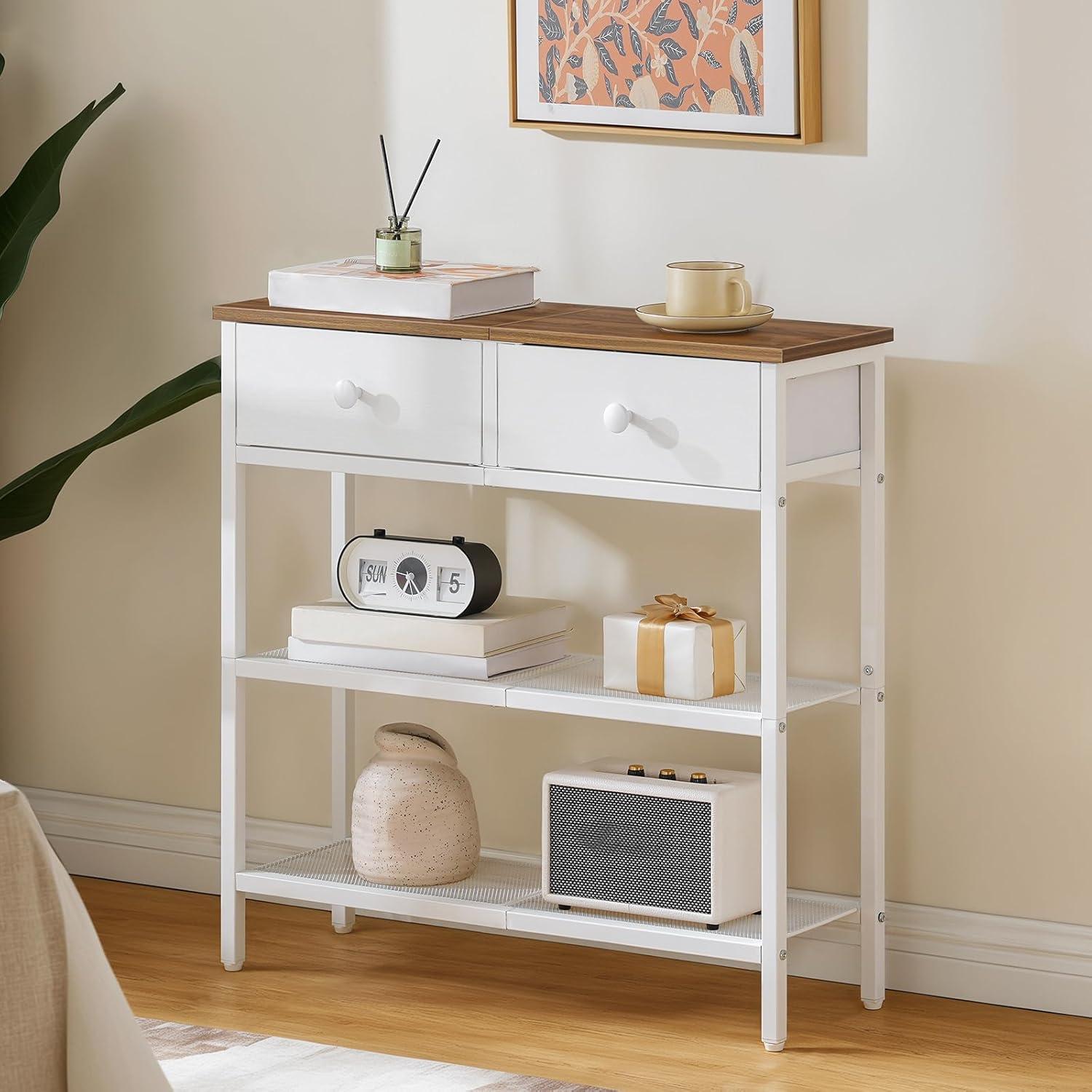 imageHOOBRO 295 Narrow Console Table with 2 Fabric Drawers Sofa Table Small Entryway Table with 3Tier Storage Shelves Behind Couch Table for Living Room Hallway Rustic Brown and Black BF72XG01Walnut White