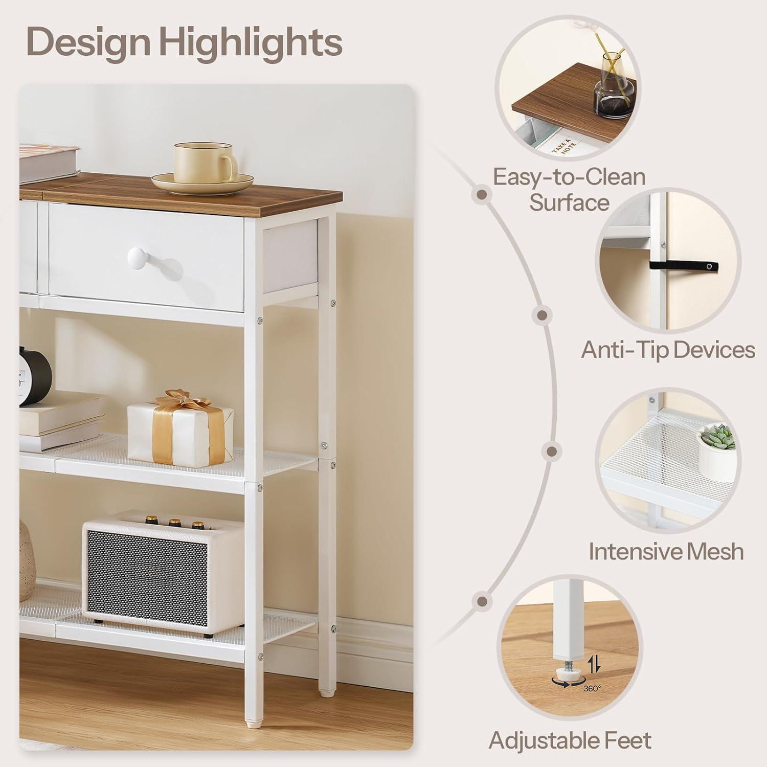 imageHOOBRO 295 Narrow Console Table with 2 Fabric Drawers Sofa Table Small Entryway Table with 3Tier Storage Shelves Behind Couch Table for Living Room Hallway Rustic Brown and Black BF72XG01Walnut White