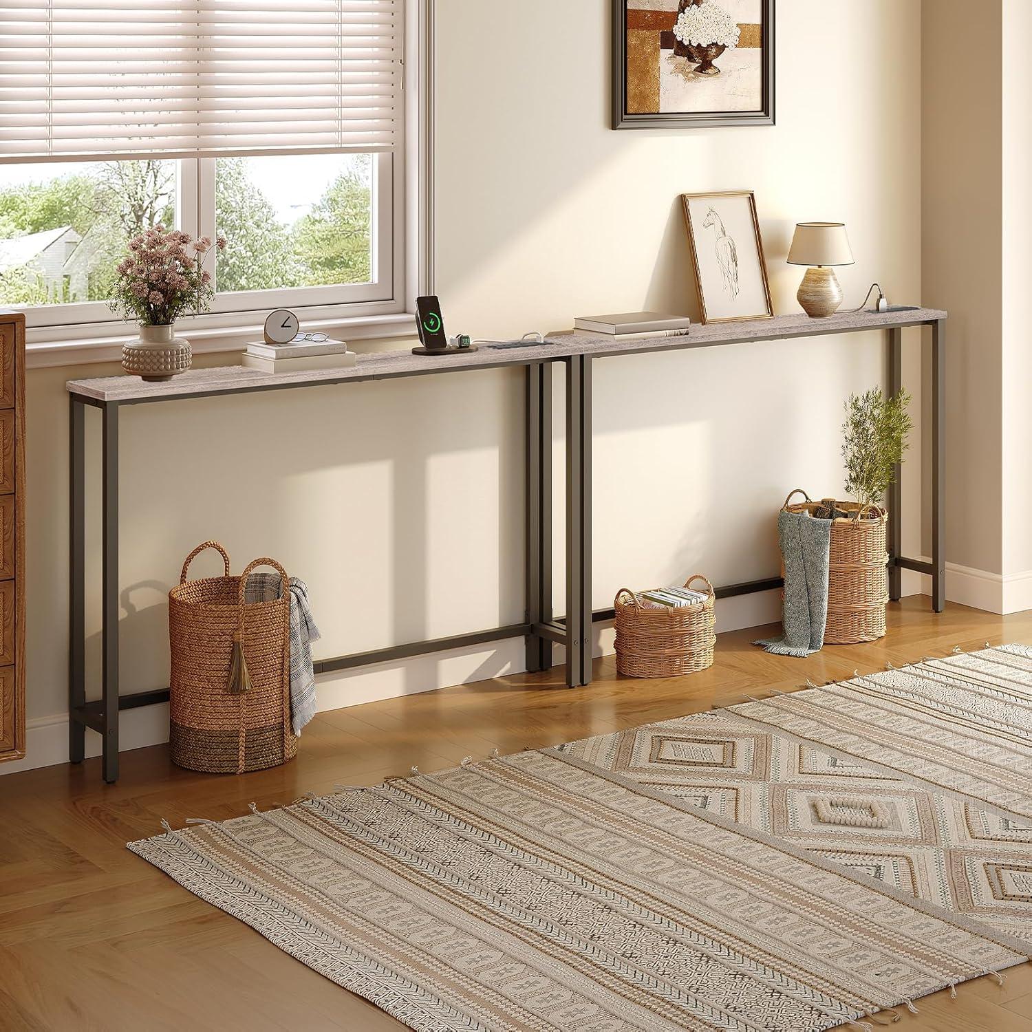 imageHOOBRO 472 Narrow Console Table with Power Outlet 59 Behind Couch Table with Charging Station Long Sofa Side Table Skinny Entryway Table for Living Room Hallway Foyer Rustic Brown BF15XG01G1Greige Black