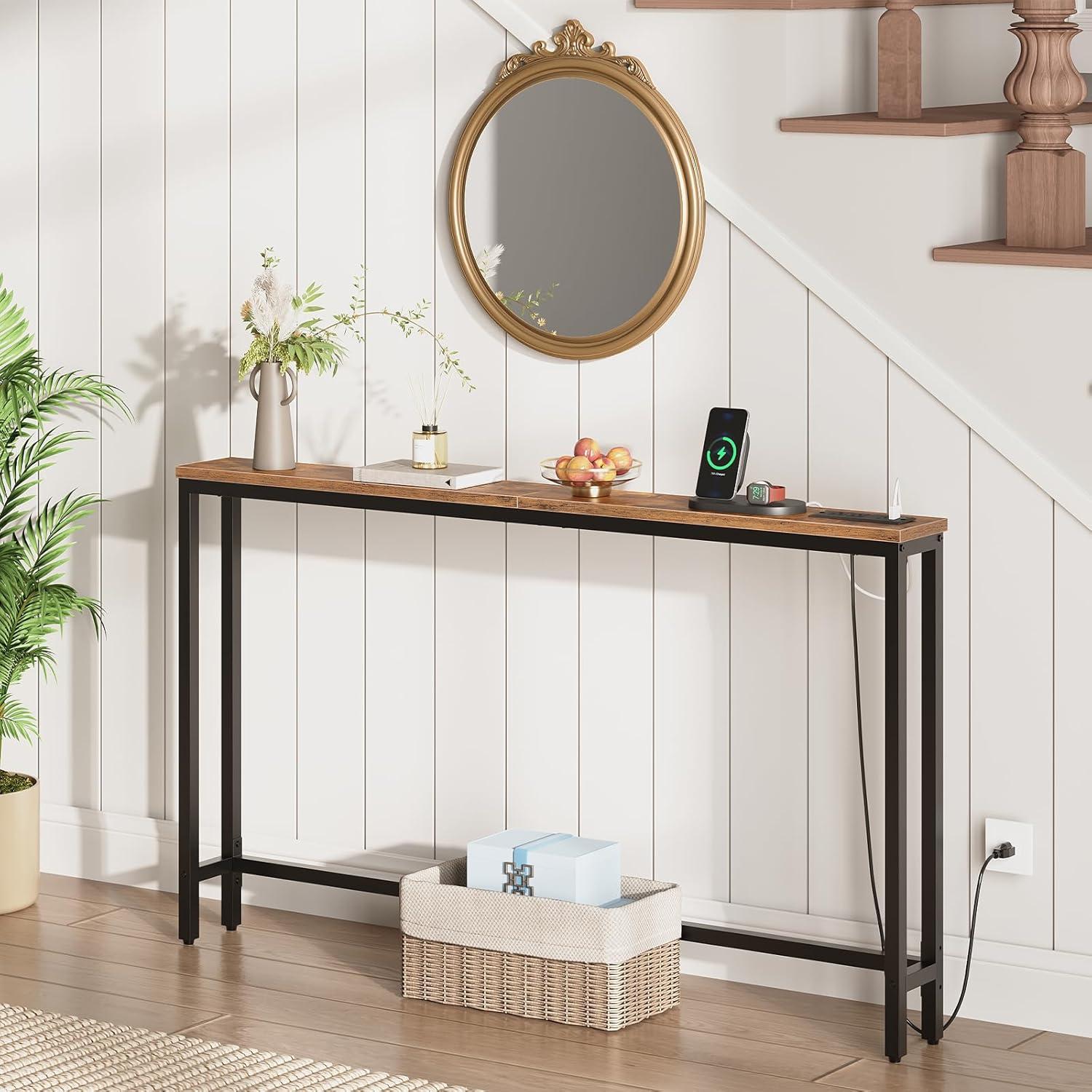 imageHOOBRO 472 Narrow Console Table with Power Outlet 59 Behind Couch Table with Charging Station Long Sofa Side Table Skinny Entryway Table for Living Room Hallway Foyer Rustic Brown BF15XG01G1Rustic Brown Black