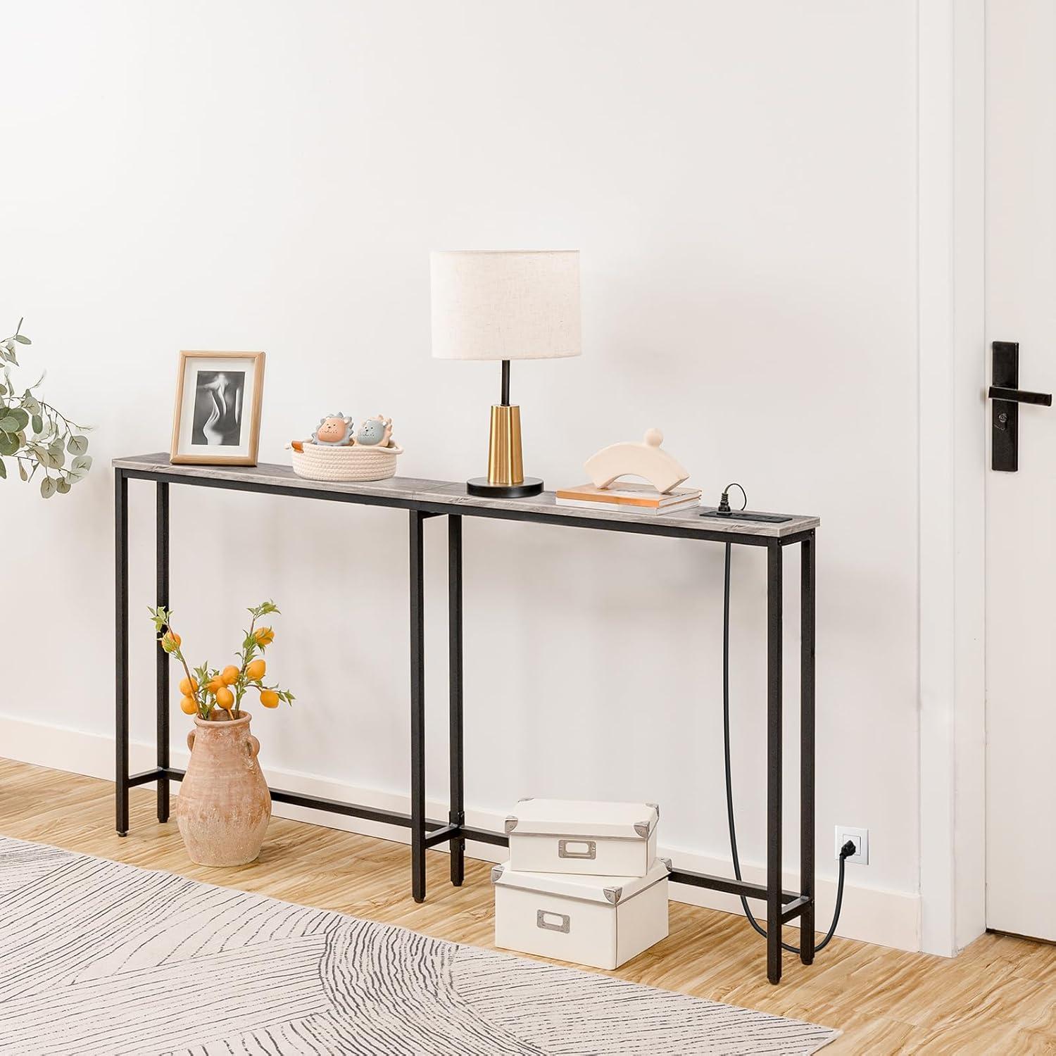 imageHOOBRO 63 Narrow Console Table with Charging Station 59 Sofa Table with 2 Power Outlets and USB Ports Long Entryway Tables Behind Couch Table for Hallway Livingroom Rustic Brown BF165UXG01G1Greige Black