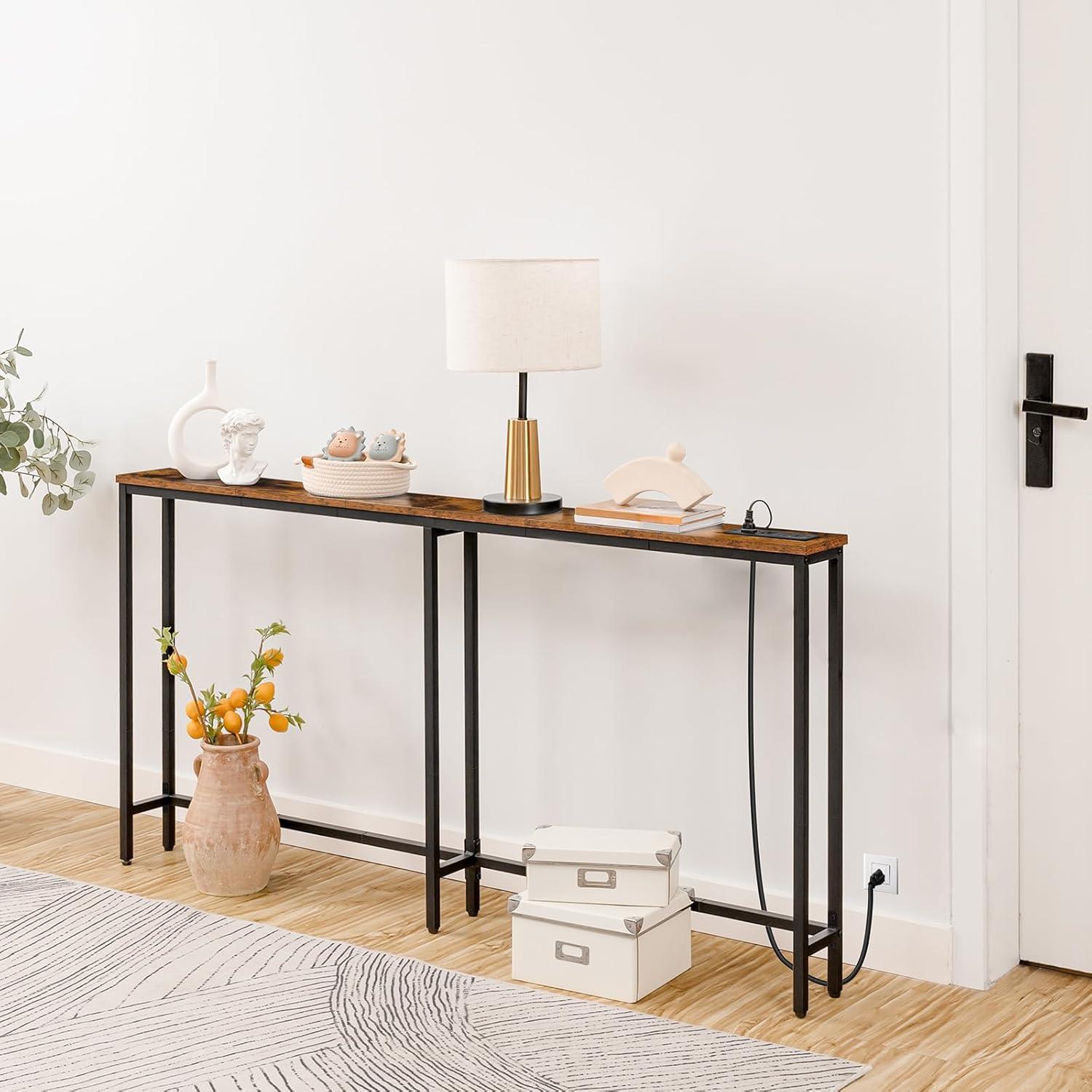 imageHOOBRO 63 Narrow Console Table with Charging Station 59 Sofa Table with 2 Power Outlets and USB Ports Long Entryway Tables Behind Couch Table for Hallway Livingroom Rustic Brown BF165UXG01G1Rustic Brown Black