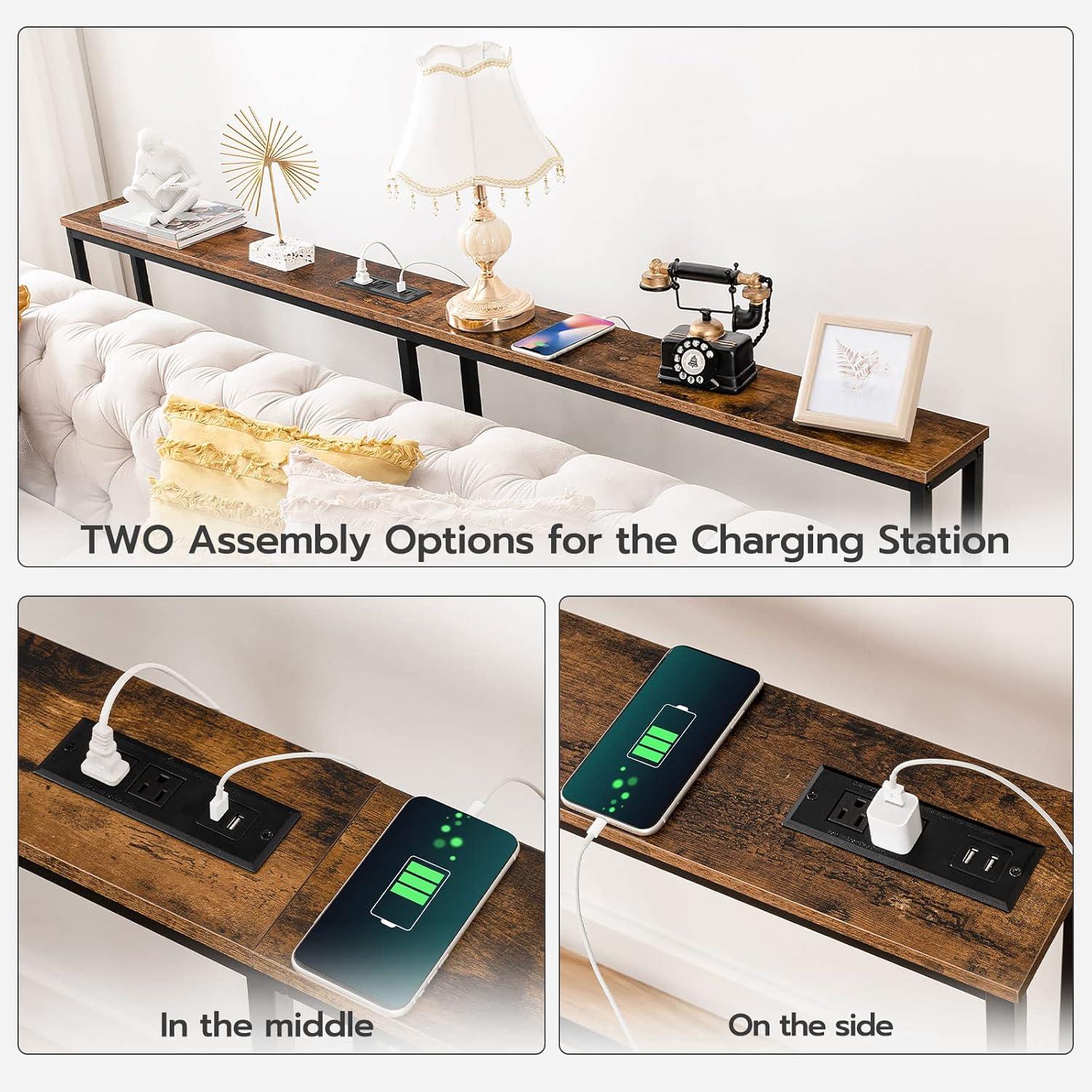 imageHOOBRO 63 Narrow Console Table with Charging Station 59 Sofa Table with 2 Power Outlets and USB Ports Long Entryway Tables Behind Couch Table for Hallway Livingroom Rustic Brown BF165UXG01G1Rustic Brown Black