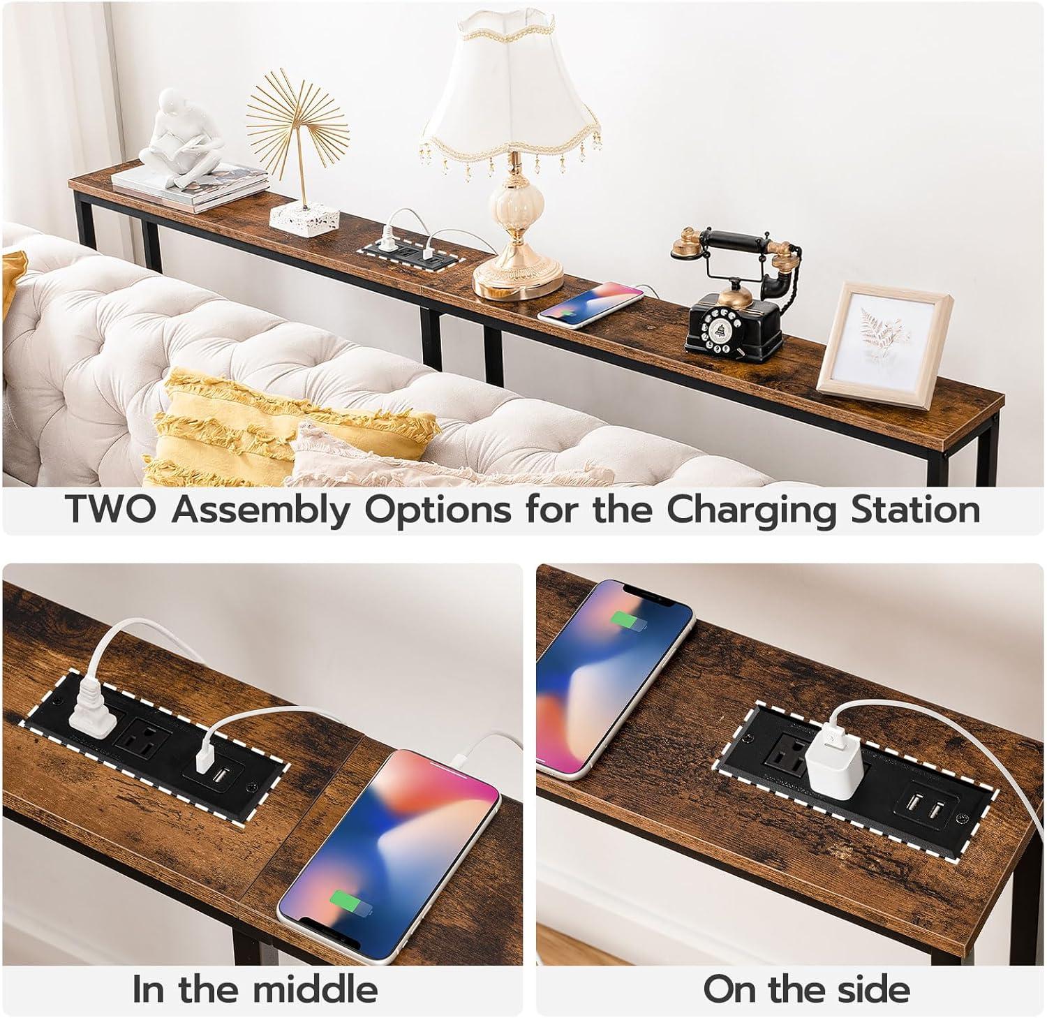 imageHOOBRO 63 Narrow Console Table with Charging Station 59 Sofa Table with 2 Power Outlets and USB Ports Long Entryway Tables Behind Couch Table for Hallway Livingroom Rustic Brown BF165UXG01G1Rustic Brown Black