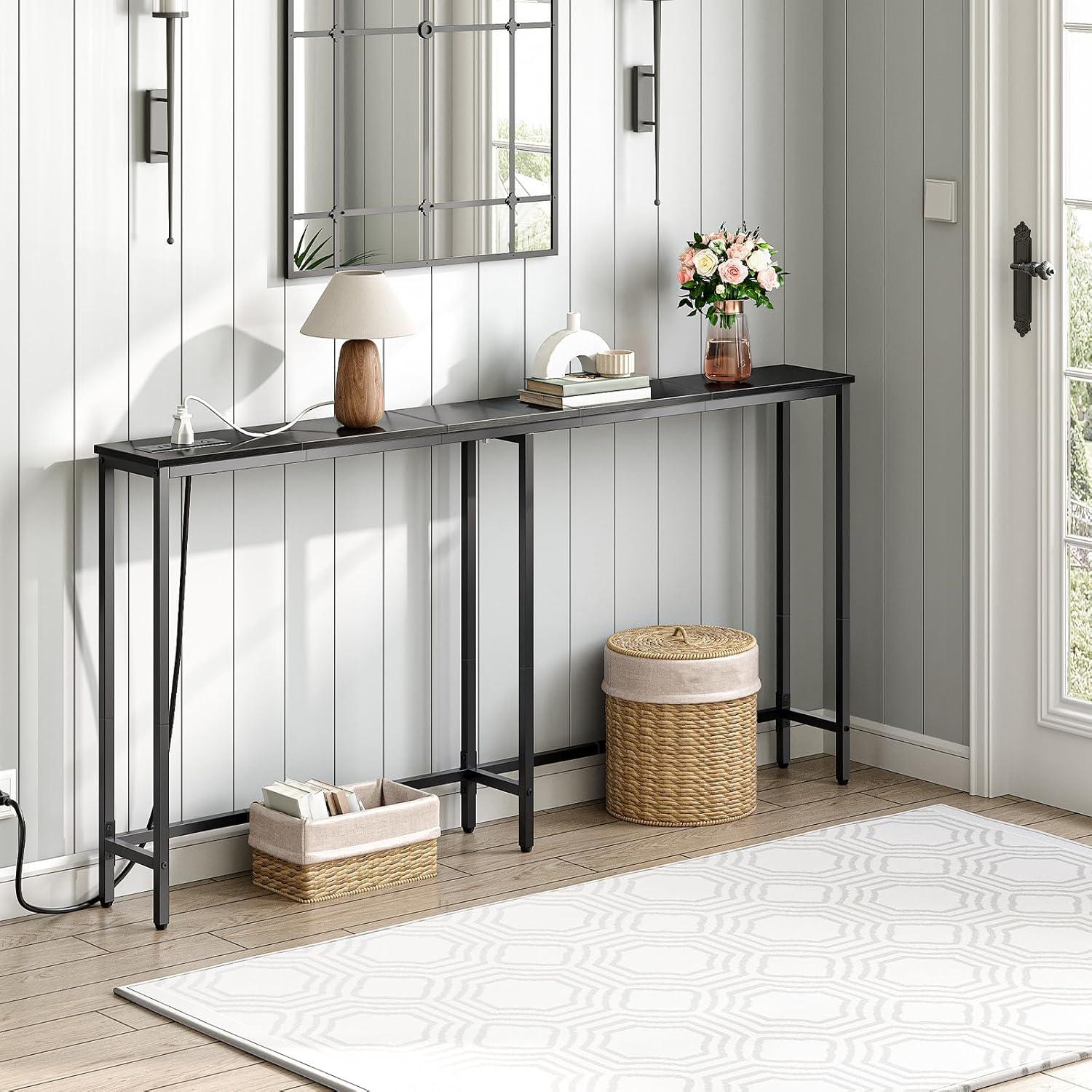 imageHOOBRO 63 Narrow Console Table with Charging Station 59 Sofa Table with 2 Power Outlets and USB Ports Long Entryway Tables Behind Couch Table for Hallway Livingroom Rustic Brown BF165UXG01G1Black