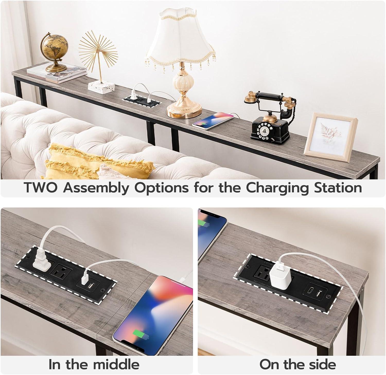 imageHOOBRO 63 Narrow Console Table with Charging Station 59 Sofa Table with 2 Power Outlets and USB Ports Long Entryway Tables Behind Couch Table for Hallway Livingroom Rustic Brown BF165UXG01G1Greige Black