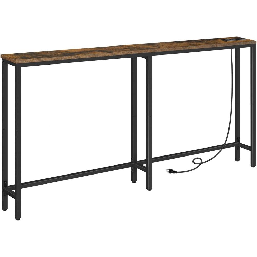 imageHOOBRO 63 Narrow Console Table with Charging Station 59 Sofa Table with 2 Power Outlets and USB Ports Long Entryway Tables Behind Couch Table for Hallway Livingroom Rustic Brown BF165UXG01G1Rustic Brown Black