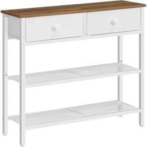 HOOBRO 29.5″ Narrow Console Table with 2 Fabric Drawers, Sofa Table, Small Entryway Table with 3-Tier Storage Shelves, Behind Couch Table, for Living Room, Hallway, Rustic Brown and Black BF72XG01(Walnut + White)