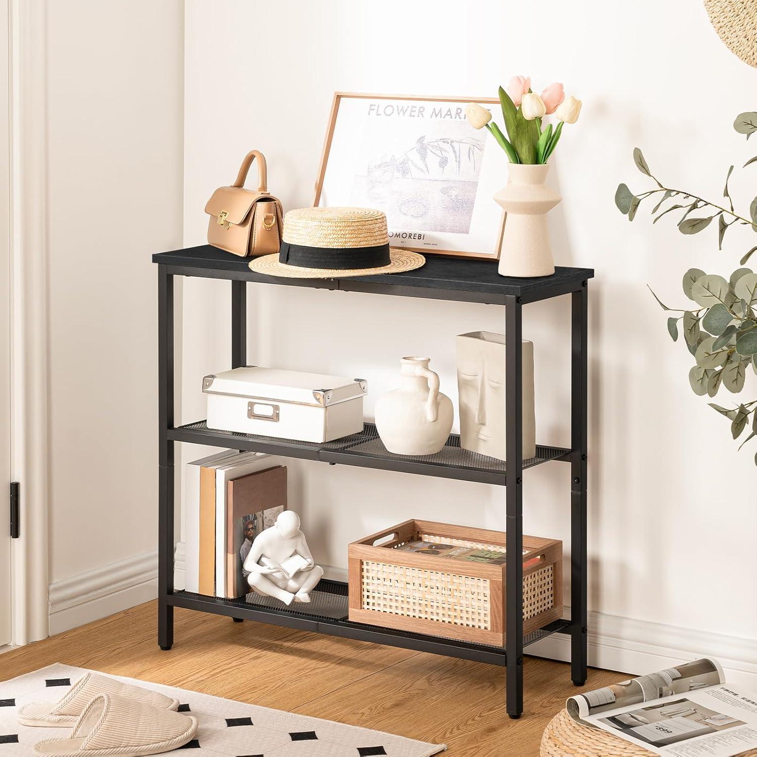 imageHOOBRO 295 Narrow Console Table 3 Tier Entryway Table with Shelves Thin Sofa Table Behind Couch Table Display Side Table for Hallway Entrance Living Room Walnut and White WH73XG01Black