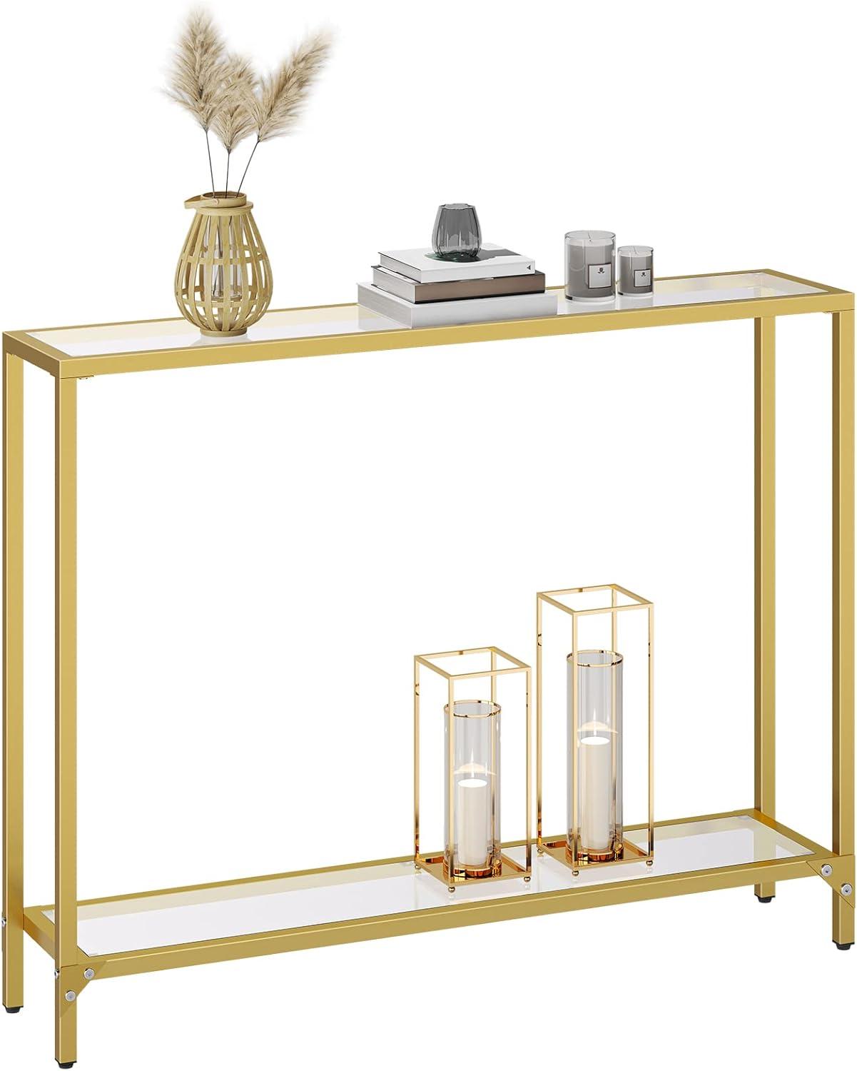 imageHOOBRO 394 Narrow Console Table Tempered Glass Entryway Table Gold Sofa Table Metal Frame for Living Room Hallway GD04XG01Gold