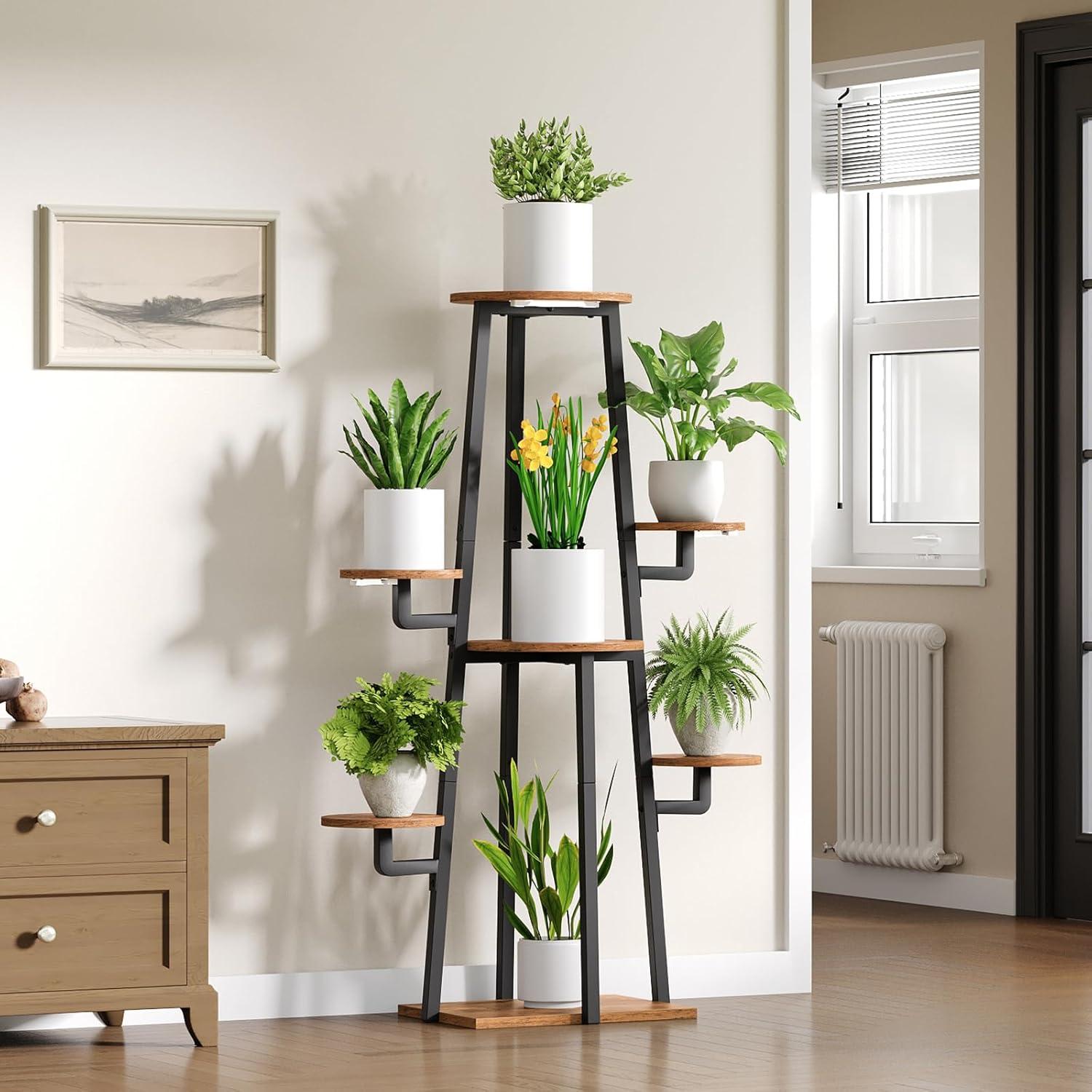 imageHOOBRO Plant Stand Indoor with Grow Lights 7Tier Plant Shelf for Multiple Indoor Plants 472 Corner Plant Stand Organizer with Metal Frame for Living Room Balcony Patio Rustic Brown BF04DHJ01