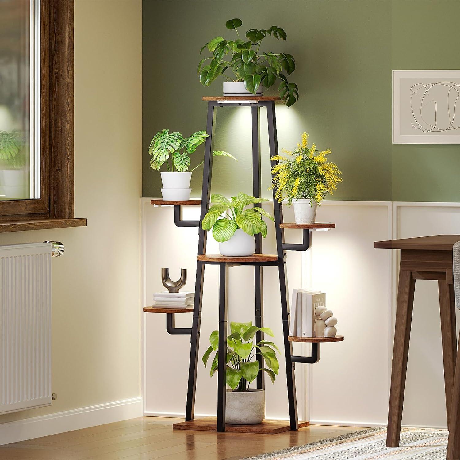 imageHOOBRO Plant Stand Indoor with Grow Lights 7Tier Plant Shelf for Multiple Indoor Plants 472 Corner Plant Stand Organizer with Metal Frame for Living Room Balcony Patio Rustic Brown BF04DHJ01