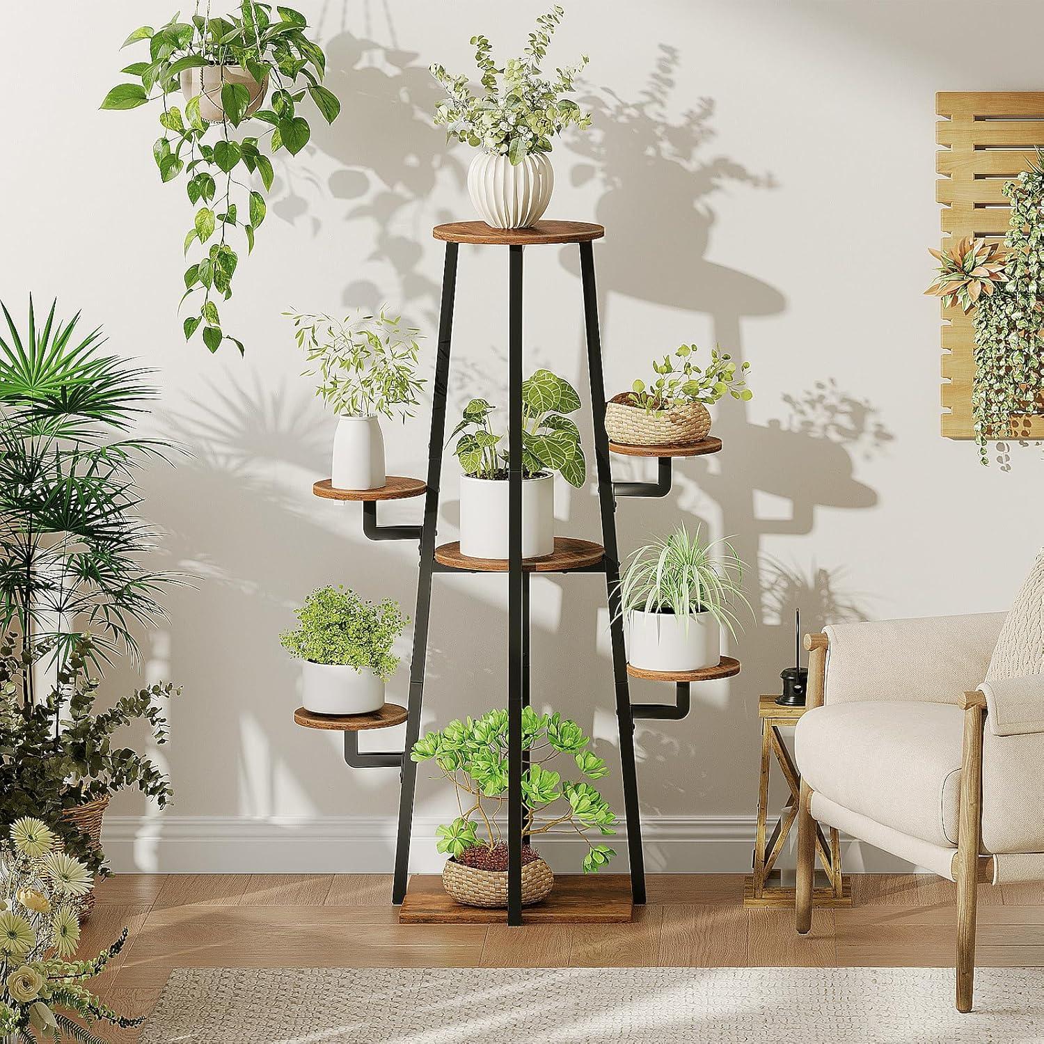 imageHOOBRO Plant Stand Indoor with Grow Lights 7Tier Plant Shelf for Multiple Indoor Plants 472 Corner Plant Stand Organizer with Metal Frame for Living Room Balcony Patio Rustic Brown BF04DHJ01