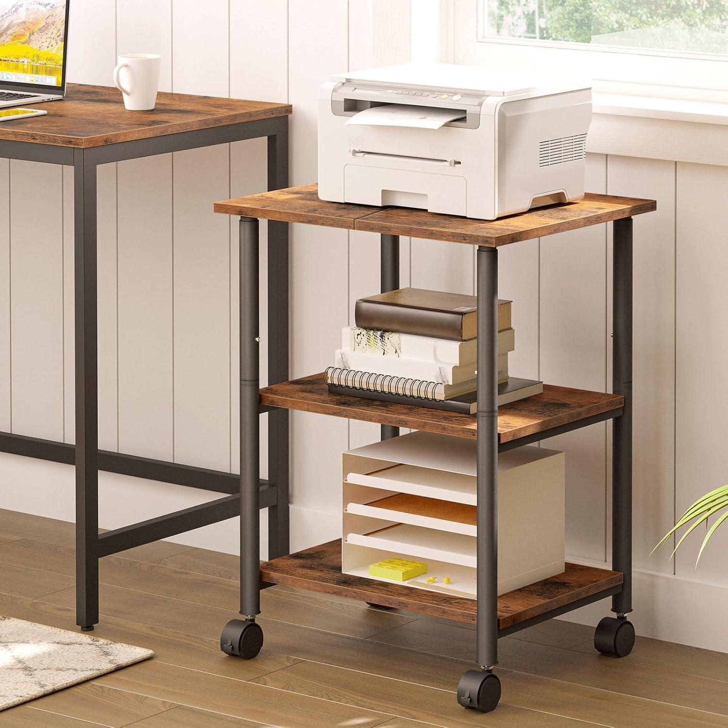 imageHOOBRO Printer Stand 3Tier Industrial Under Desk Printer Cart with Shelf Mobile Heavy Duty Storage Rack on Wheels for Home Office Rustic Brown and Black BF03PS01G1Rustic Brown Black