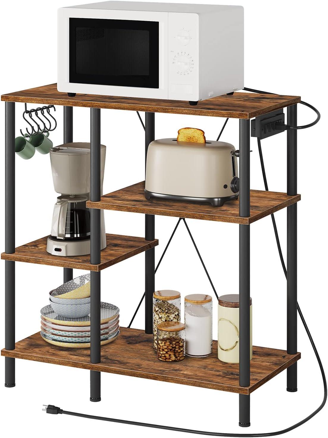imageHOOBRO Bakers Rack with Power Outlet Microwave Stand with 5 SShaped Hooks Coffee Bar Kitchen Storage Shelf for Kitchen Living Room Rustic Brown and Black BF07UHB01