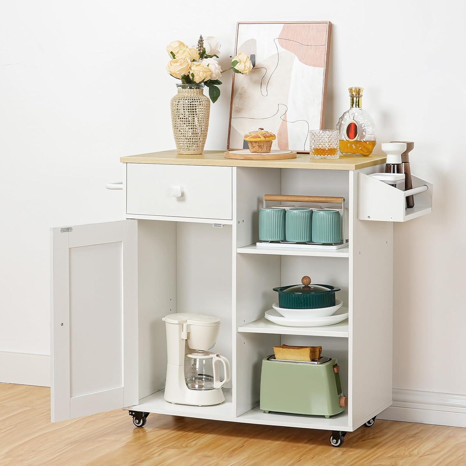 imageHOOBRO Kitchen Island Storage Cabinet with Drawer Kitchen Cart with Spice and Towel Rack Saving Space Easy Assembly for Living Room Rustic Brown and Black FB12ZD01White Natural
