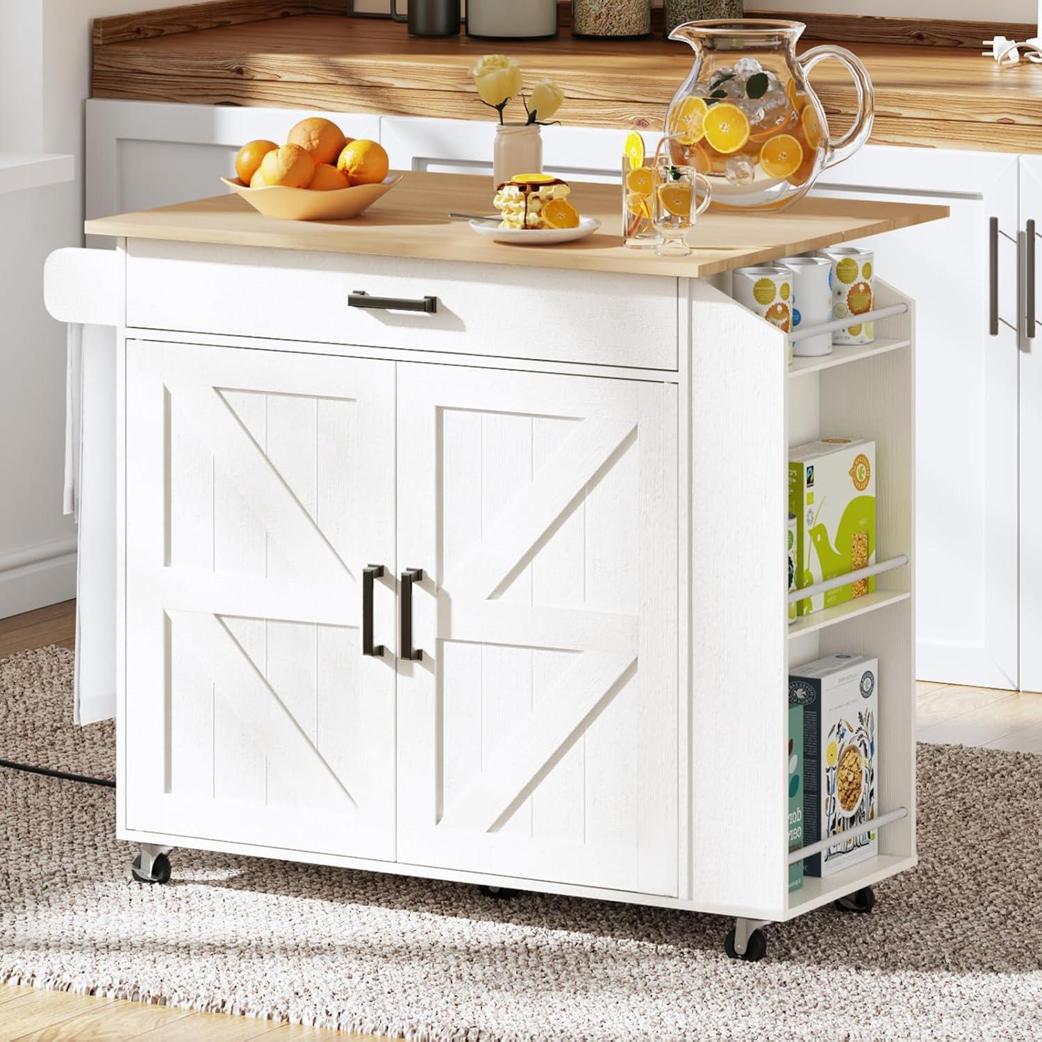 imageHOOBRO Kitchen Island with Drop Leaf Countertop amp Power Outlet Rolling Island Cart on Wheels Kitchen Cart with Drawer amp Spice Rack Mobile Island Table for Kitchen White and Natural WN86UZD01White Natural