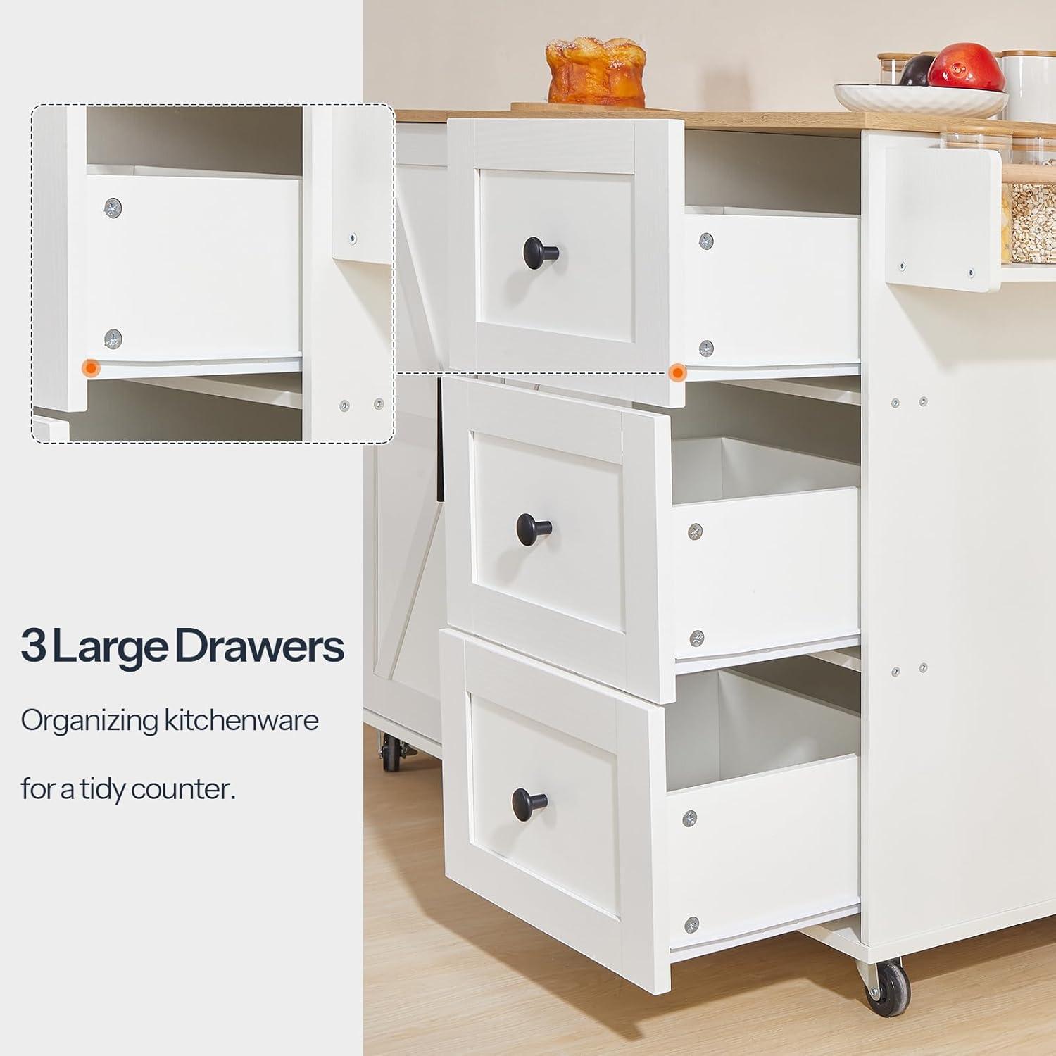 imageHOOBRO Kitchen Island with Power Outlet Rolling Kitchen Island on Wheels Island Table with 3 Large Drawers Storage Cabinet Spice Rack and Adjustable Shelf White and Natural WN15UZD01White Natural